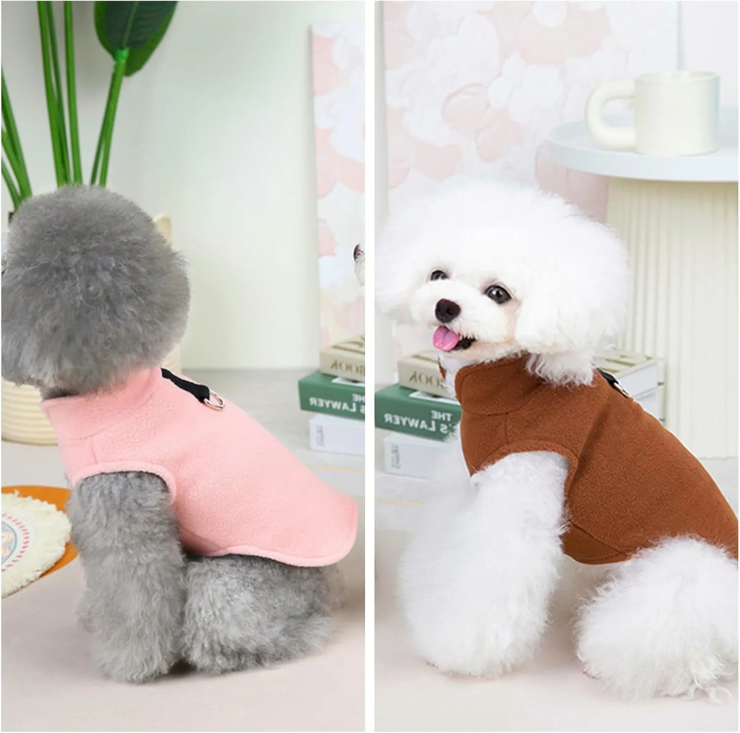 2 Pack Dog Sweater Fleece Vest Pet Warm Pullover Fleece Jacket with D-Ring, Fall Winter Dog Clothes Cold Weather Coat for Puppy and Small Dogs Unisex (Pink Brown, Medium)