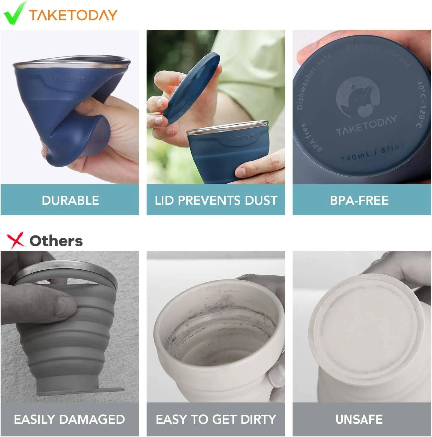 2PCS Collapsible Travel Cup - Silicone Foldable Water Cup, BPA-Free with Lid & Waterproof Bag - Drinking Cup Set for Camping, Outdoors & International Travel8 Oz, Navy & Lowcountry Peach