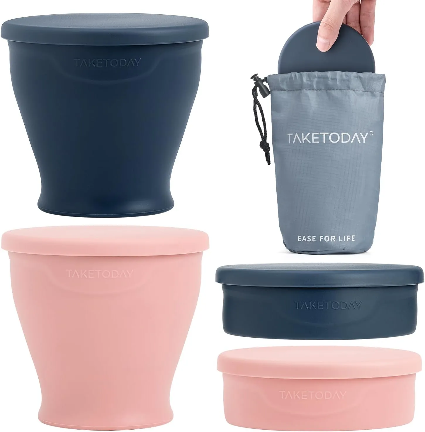 2PCS Collapsible Travel Cup - Silicone Foldable Water Cup, BPA-Free with Lid & Waterproof Bag - Drinking Cup Set for Camping, Outdoors & International Travel8 Oz, Navy & Lowcountry Peach