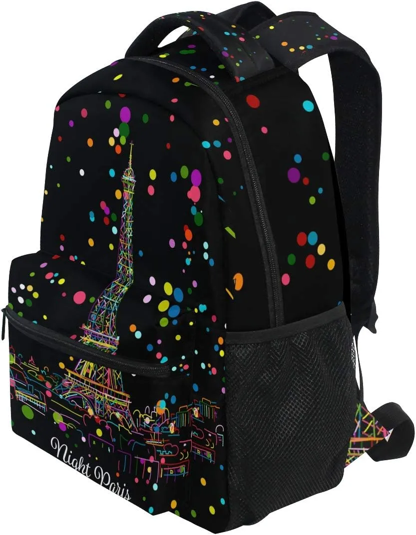 ALAZA Night Paris Eifel Tower Colorful Polka Dot Stylish Large Backpack Personalized Laptop iPad Tablet Travel School Bag with Multiple Pockets for Men Women College