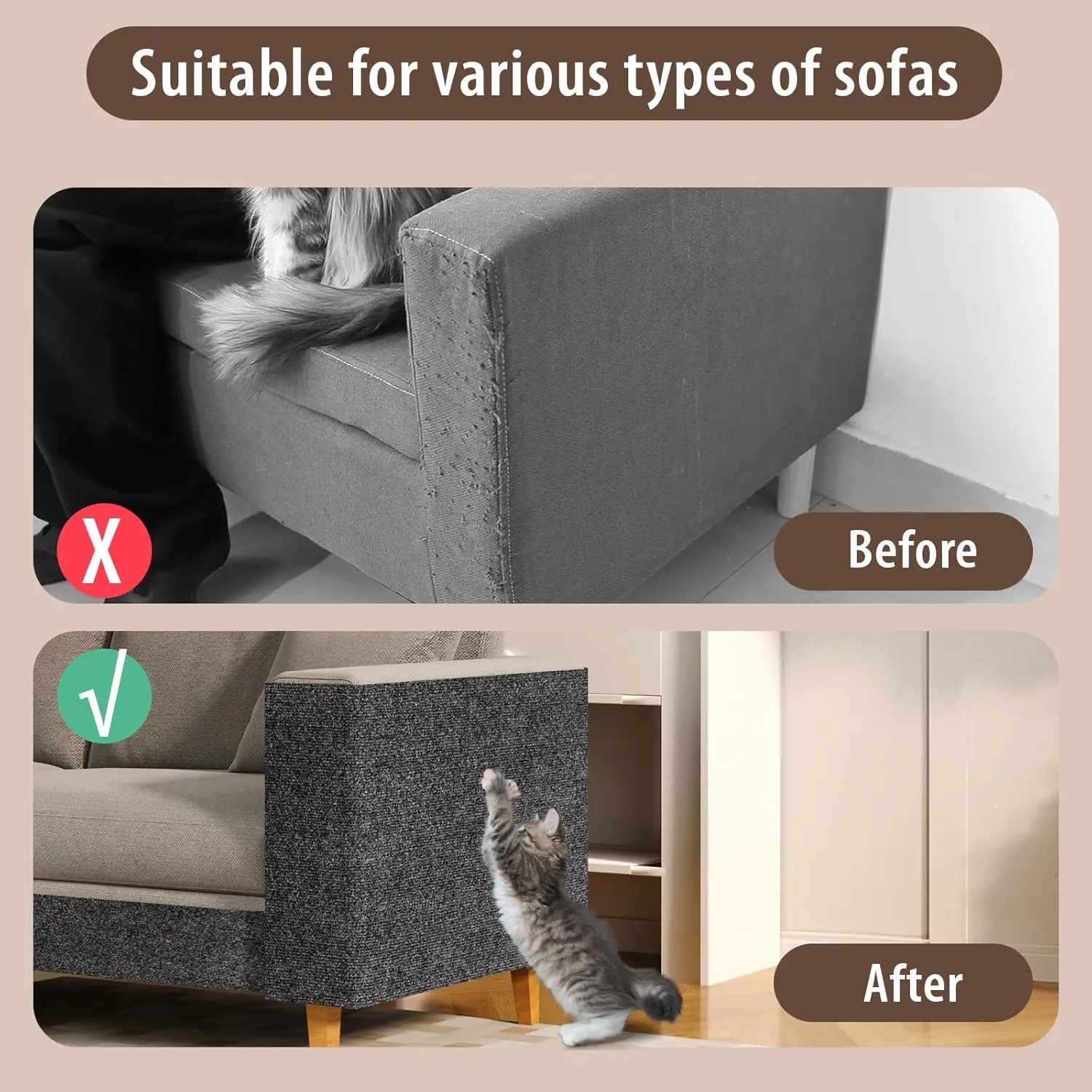 Cat Scratch Couch Protector, Adhesive Scratcher Pad Deterrent for Furniture, DIY Cat Climbing Scratch Pad for Indoor Cats (Grey, 31.5''x19.7'')
