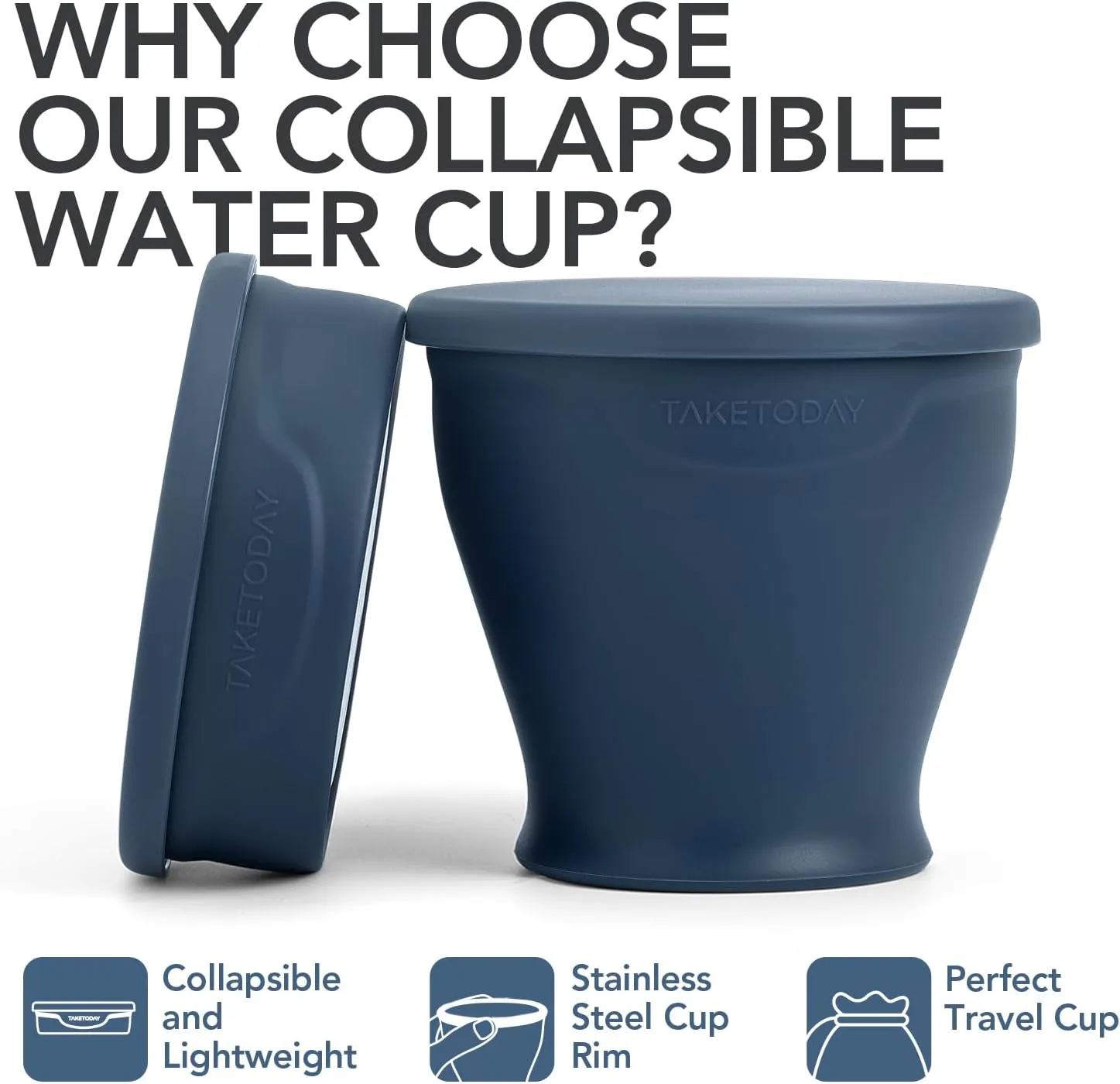 Collapsible Travel Cup - Silicone Foldable Water Cup, BPA-Free with Lid & Waterproof Bag - Drinking Cup Set for Camping, Outdoors & International Travel8 Oz, Navy