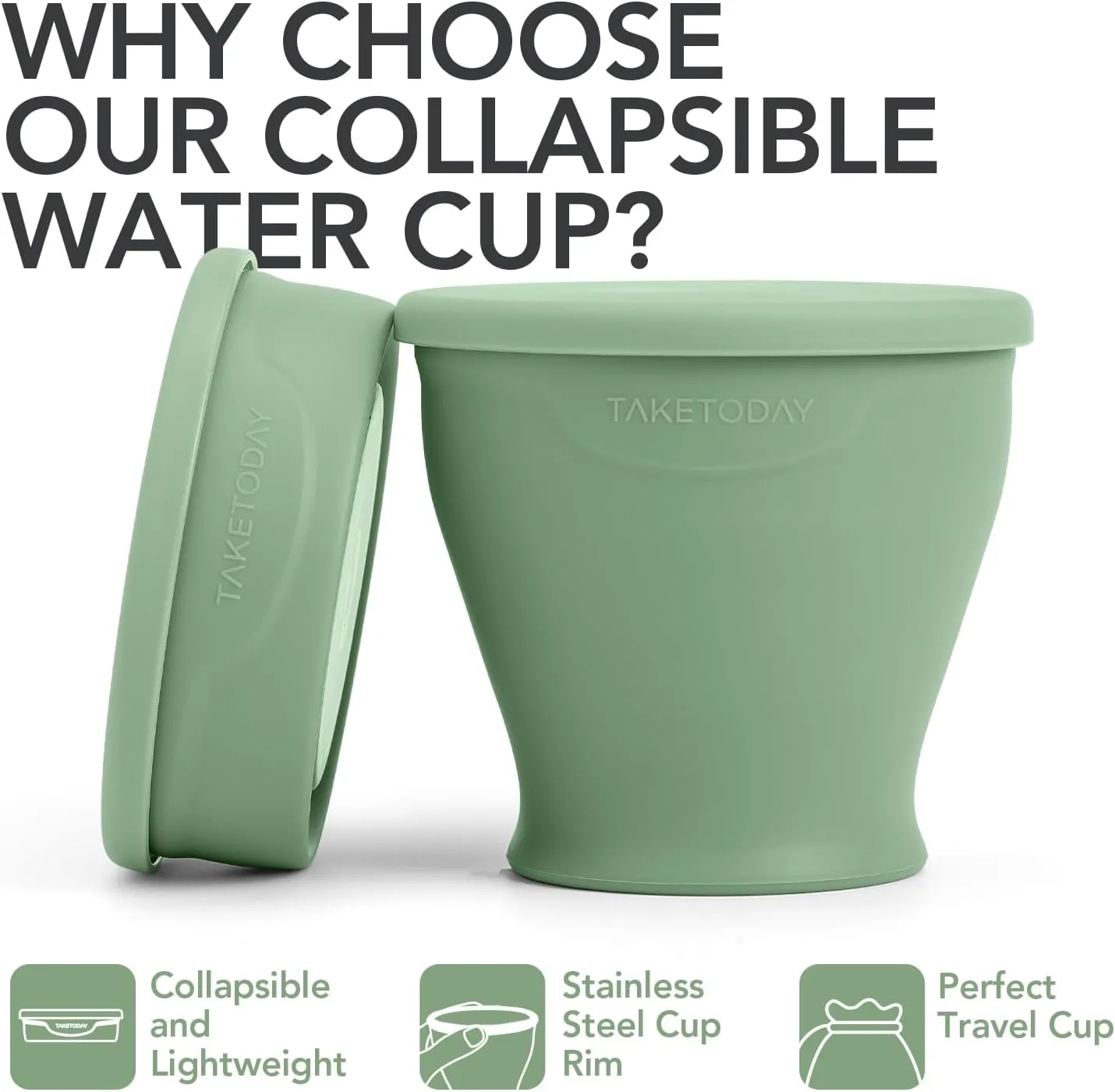 Collapsible Travel Cup - Silicone Foldable Water Cup, BPA-Free with Lid & Waterproof Bag - Drinking Cup Set for Office, Camping & International Travel8 Oz, Green