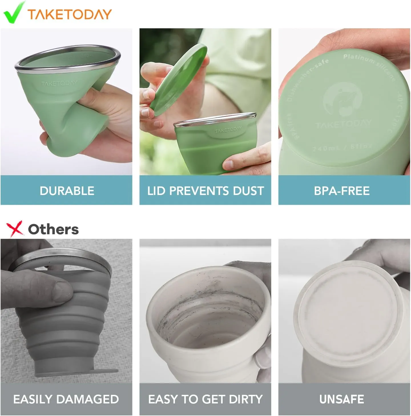 Collapsible Travel Cup - Silicone Foldable Water Cup, BPA-Free with Lid & Waterproof Bag - Drinking Cup Set for Office, Camping & International Travel8 Oz, Green