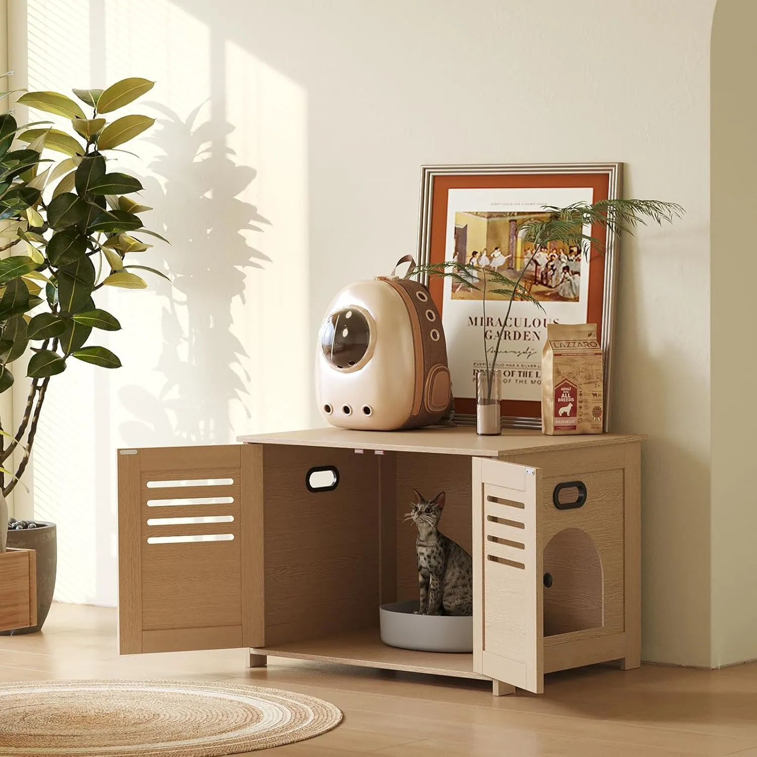 DINZI LVJ Litter Box Enclosure, Cat House with Good Ventilation, Entrance Can Be on Left or Right Side, 31.5" Long Hidden Washroom for Most Litter Box, Cat Furniture Cabinet, Natural