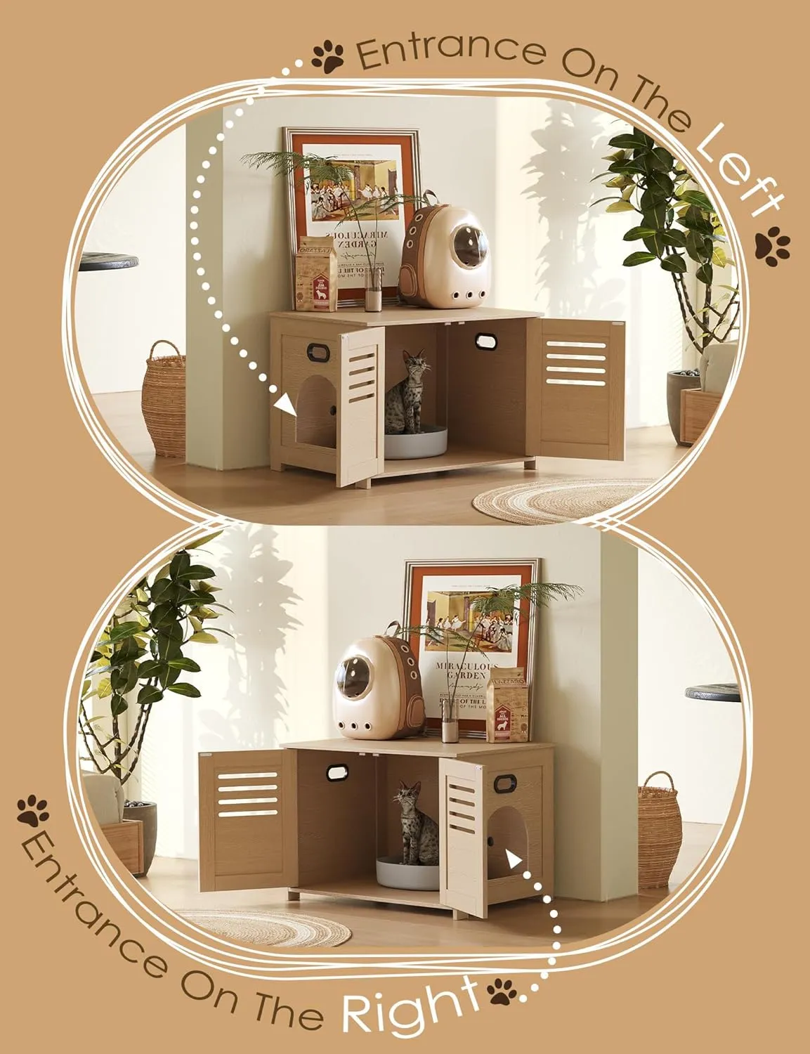 DINZI LVJ Litter Box Enclosure, Cat House with Good Ventilation, Entrance Can Be on Left or Right Side, 31.5" Long Hidden Washroom for Most Litter Box, Cat Furniture Cabinet, Natural