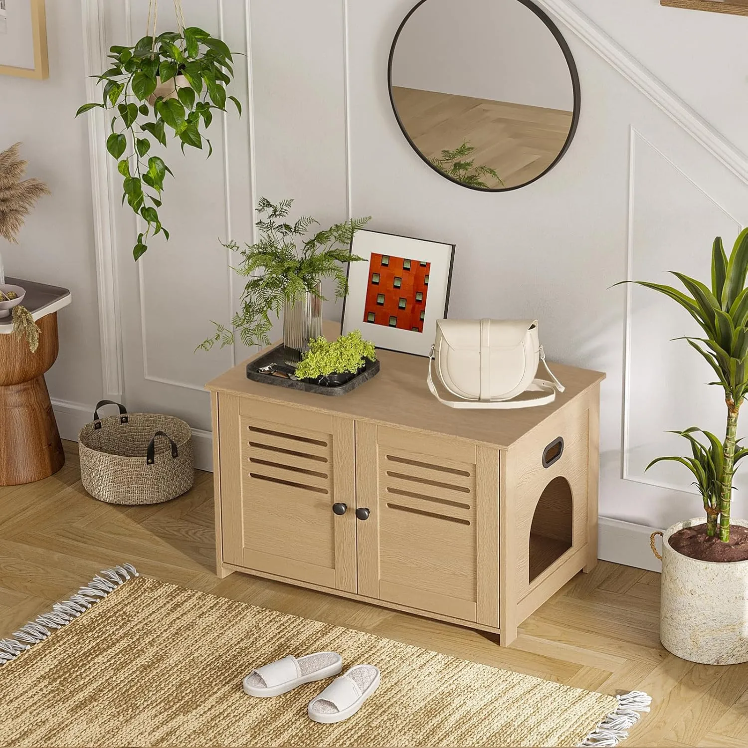 DINZI LVJ Litter Box Enclosure, Cat House with Good Ventilation, Entrance Can Be on Left or Right Side, 31.5" Long Hidden Washroom for Most Litter Box, Cat Furniture Cabinet, Natural