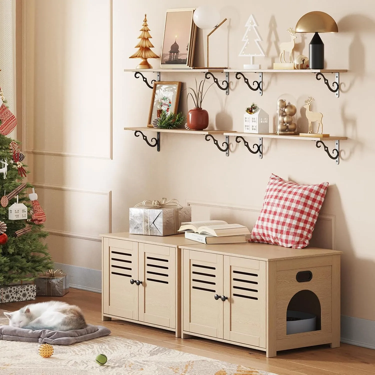 DINZI LVJ Litter Box Enclosure, Cat House with Good Ventilation, Entrance Can Be on Left or Right Side, 31.5" Long Hidden Washroom for Most Litter Box, Cat Furniture Cabinet, Natural