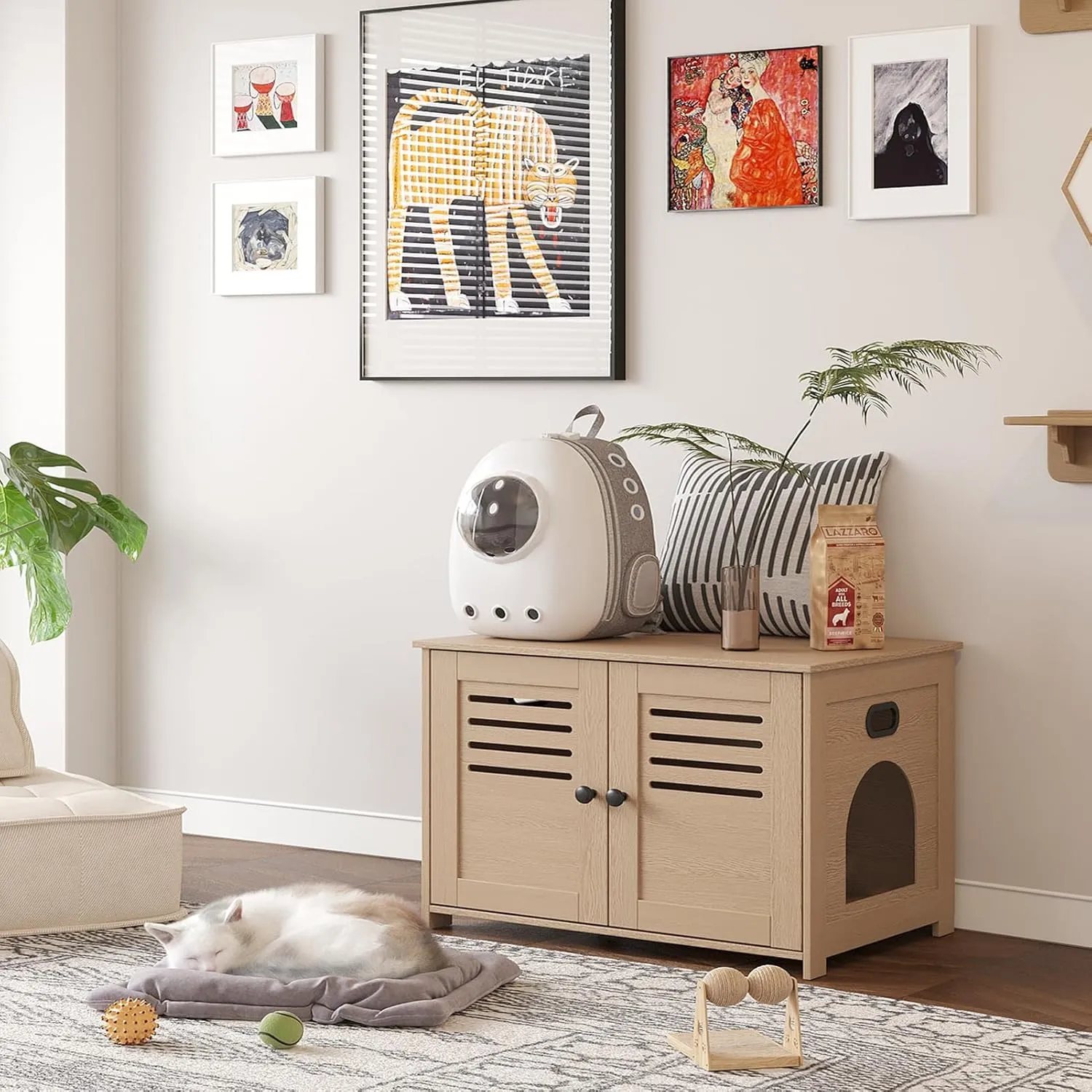 DINZI LVJ Litter Box Enclosure, Cat House with Good Ventilation, Entrance Can Be on Left or Right Side, 31.5" Long Hidden Washroom for Most Litter Box, Cat Furniture Cabinet, Natural