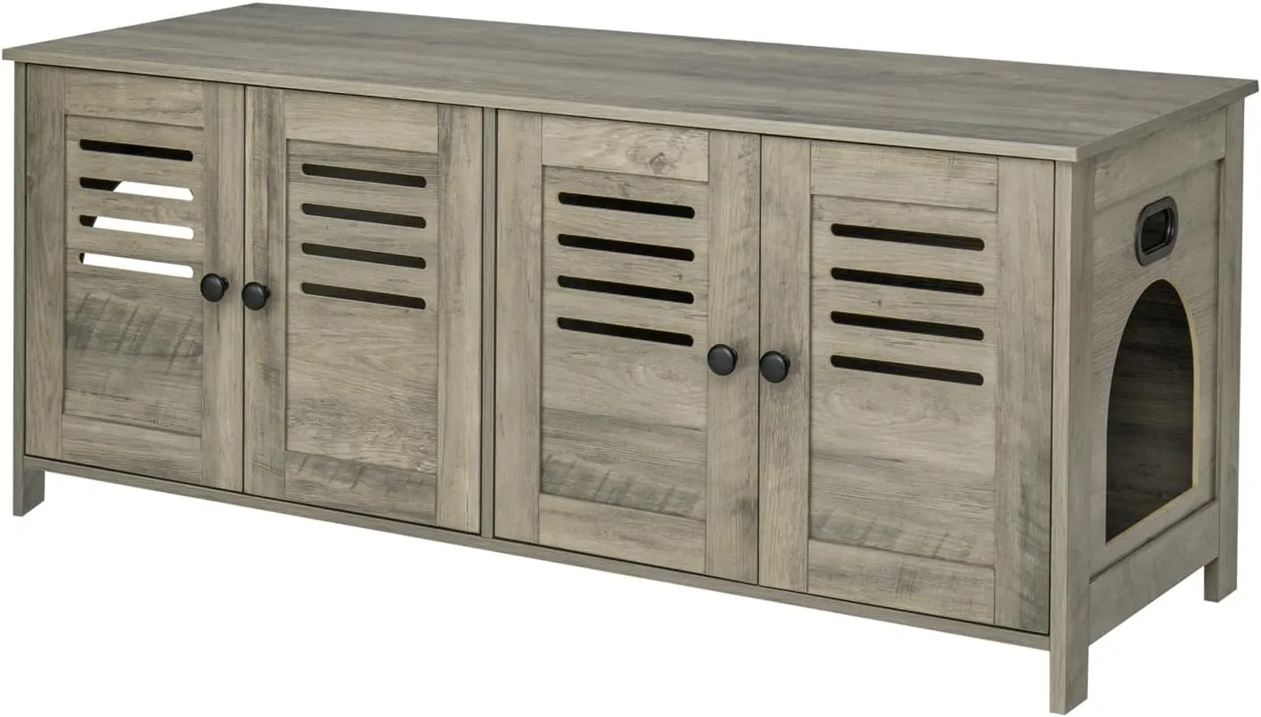 DINZI LVJ Litter Box Enclosure for 2 Cats, Hidden Litter Box Furniture with Double Rooms, Dual Cat Litter House, Front Doors, 47.2" Wooden Hidden Cat Washroom, Side End Table, TV Stand, Gray Wash