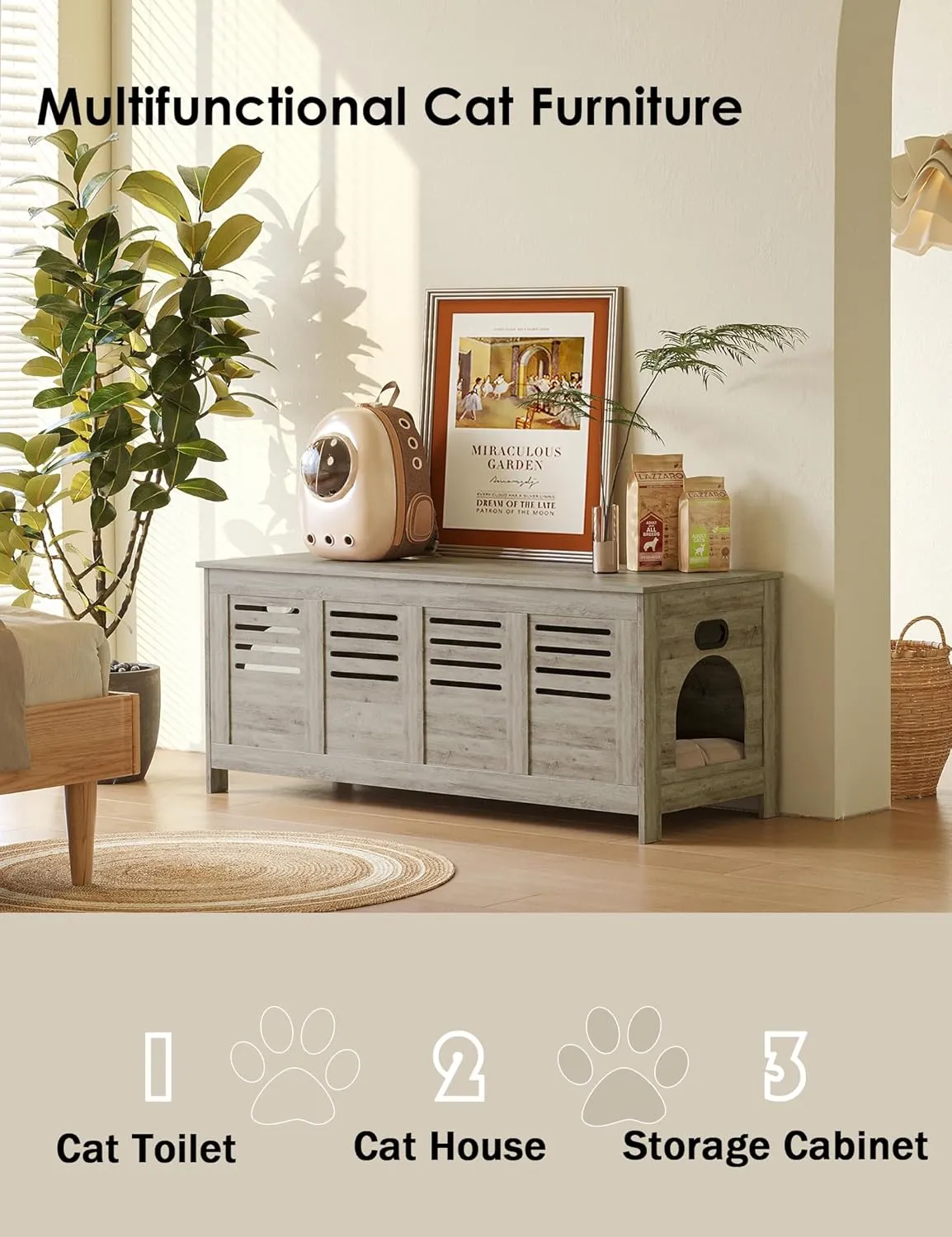 DINZI LVJ Litter Box Enclosure Furniture for 2 Cats, Top Opening Hidden Litter Box with Double Rooms, Dual Cat House with Good Ventilation, 47.2" Wooden Washroom, Cabinet, Gray Wash
