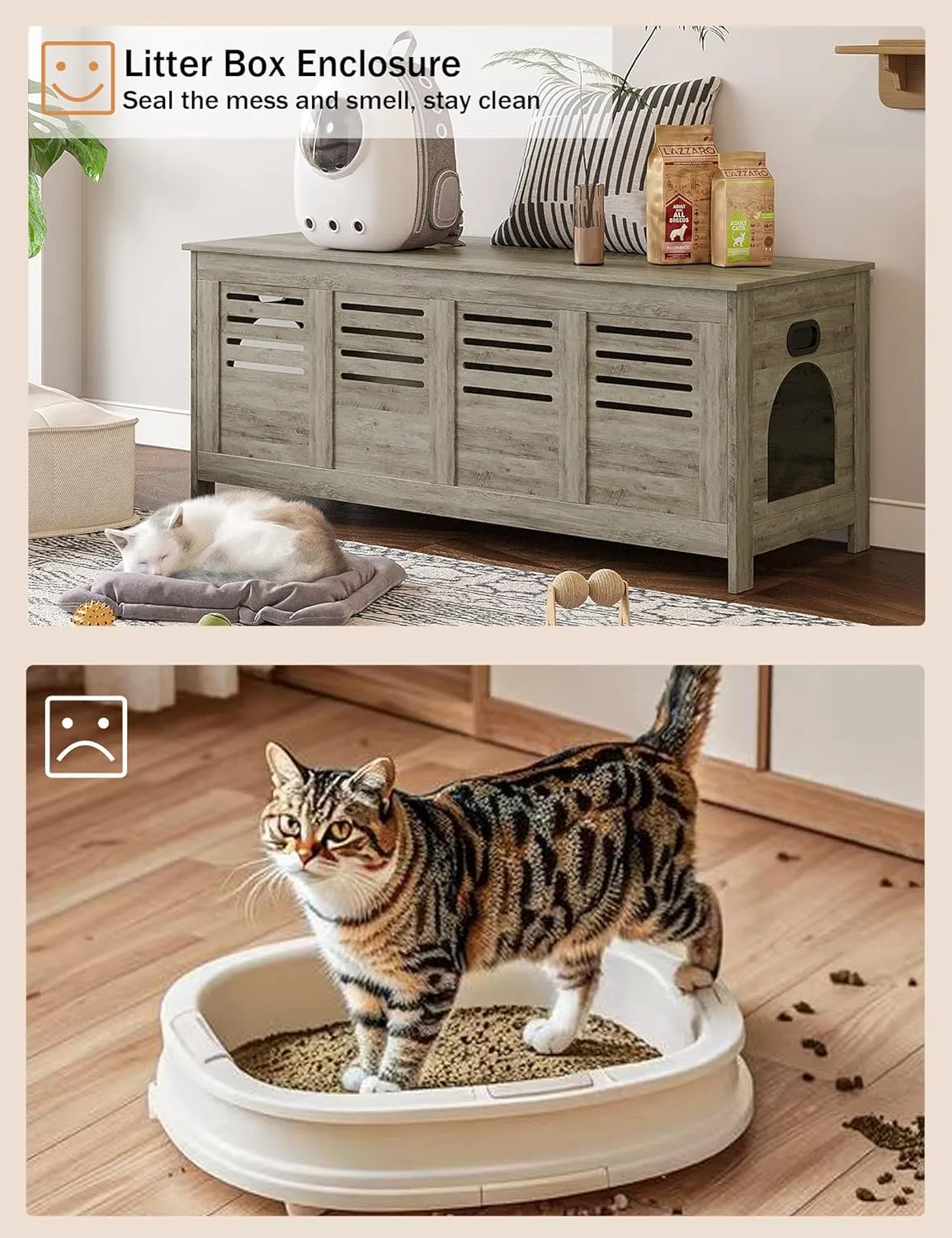 DINZI LVJ Litter Box Enclosure Furniture for 2 Cats, Top Opening Hidden Litter Box with Double Rooms, Dual Cat House with Good Ventilation, 47.2" Wooden Washroom, Cabinet, Gray Wash