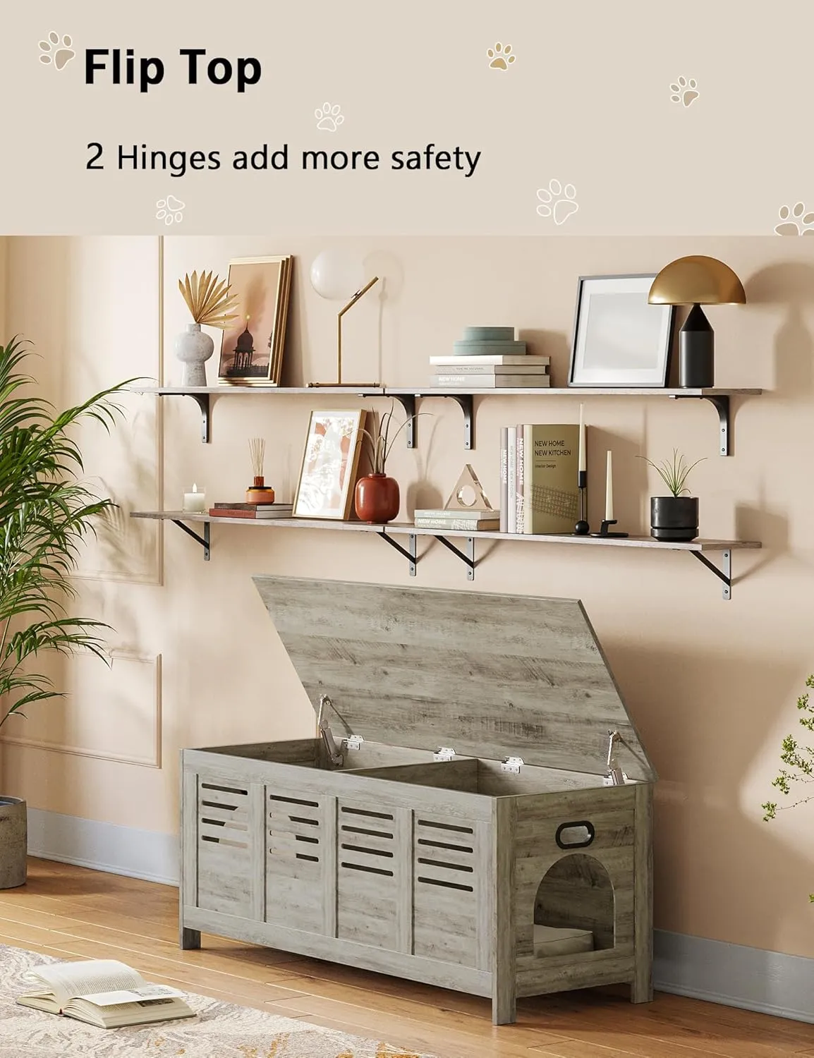 DINZI LVJ Litter Box Enclosure Furniture for 2 Cats, Top Opening Hidden Litter Box with Double Rooms, Dual Cat House with Good Ventilation, 47.2" Wooden Washroom, Cabinet, Gray Wash
