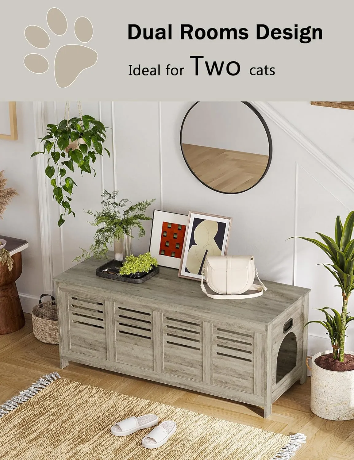 DINZI LVJ Litter Box Enclosure Furniture for 2 Cats, Top Opening Hidden Litter Box with Double Rooms, Dual Cat House with Good Ventilation, 47.2" Wooden Washroom, Cabinet, Gray Wash