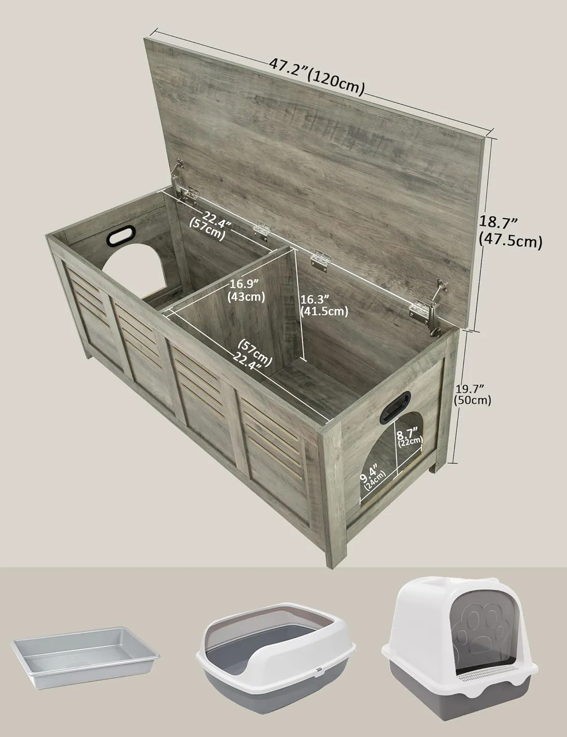 DINZI LVJ Litter Box Enclosure Furniture for 2 Cats, Top Opening Hidden Litter Box with Double Rooms, Dual Cat House with Good Ventilation, 47.2" Wooden Washroom, Cabinet, Gray Wash