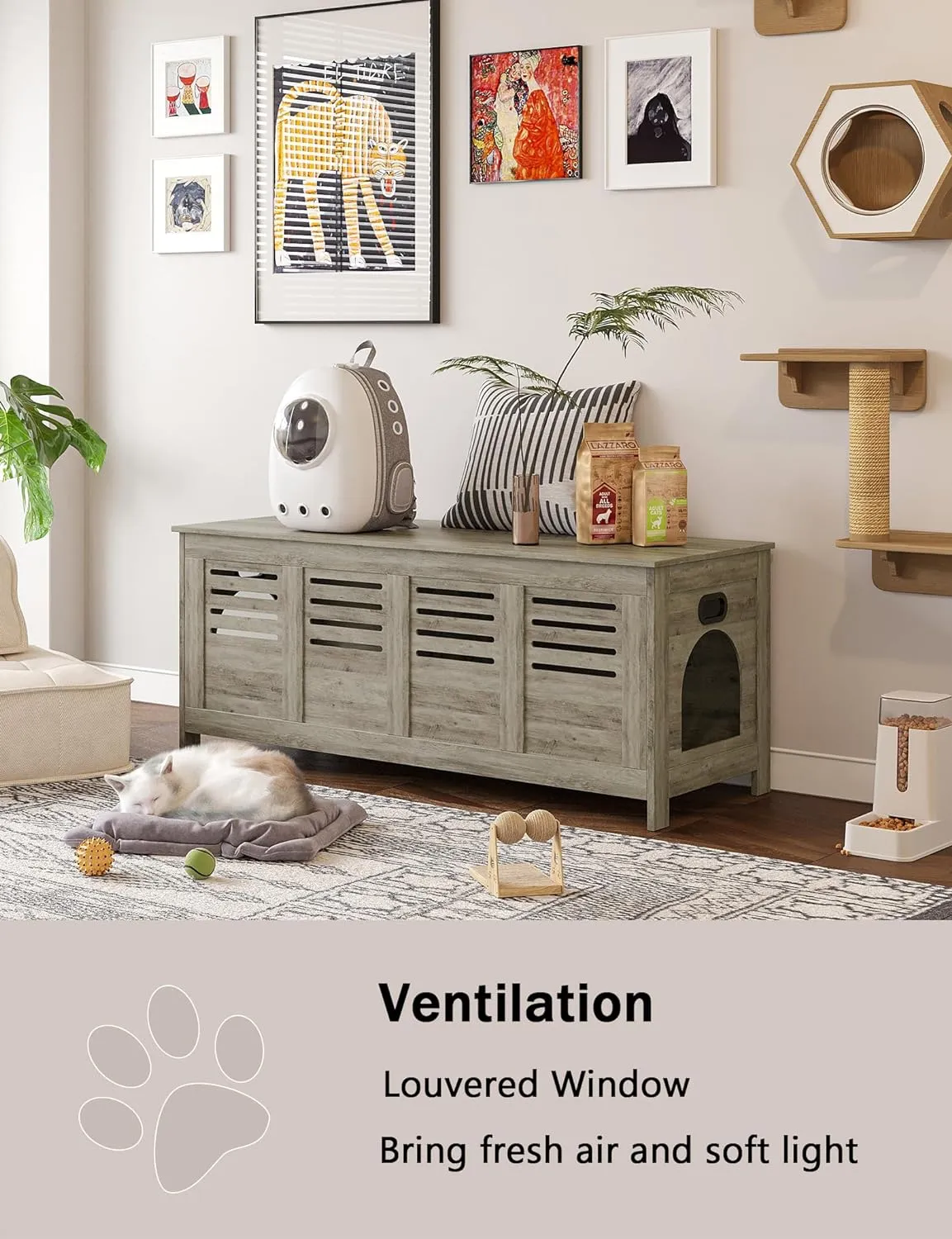 DINZI LVJ Litter Box Enclosure Furniture for 2 Cats, Top Opening Hidden Litter Box with Double Rooms, Dual Cat House with Good Ventilation, 47.2" Wooden Washroom, Cabinet, Gray Wash