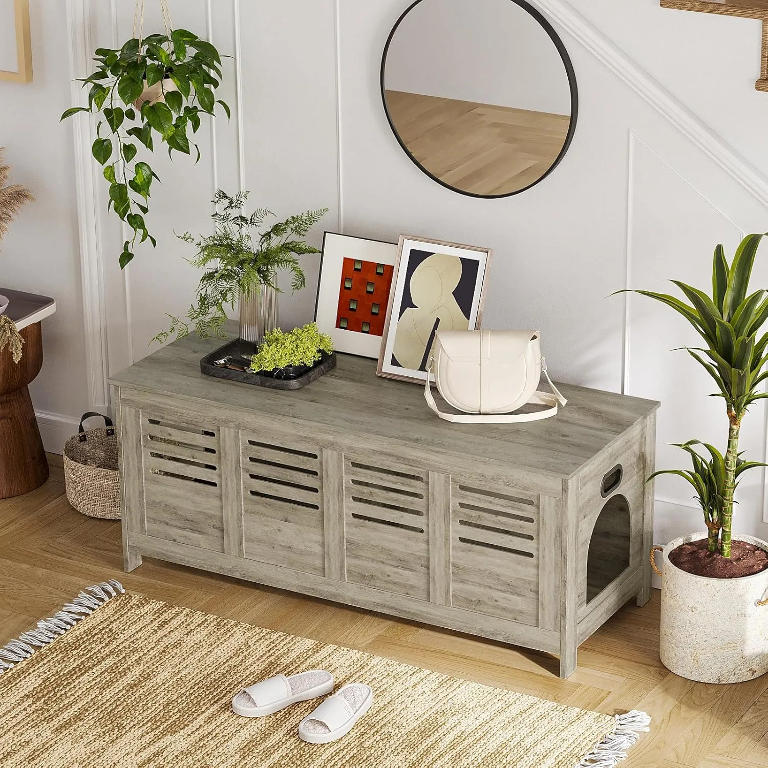 DINZI LVJ Litter Box Enclosure Furniture for 2 Cats, Top Opening Hidden Litter Box with Double Rooms, Dual Cat House with Good Ventilation, 47.2" Wooden Washroom, Cabinet, Gray Wash