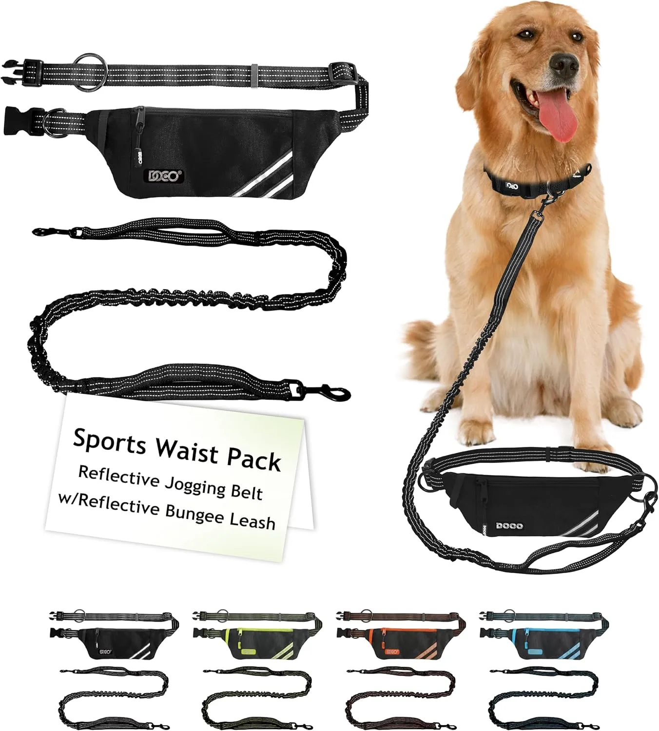 DOCO Lite Dog Jogging Belt with Zipper Pouch, Bungee Leash for Walking, Hiking, Jogging with Dog, Made for 10-100 lb. Dogs (Black)