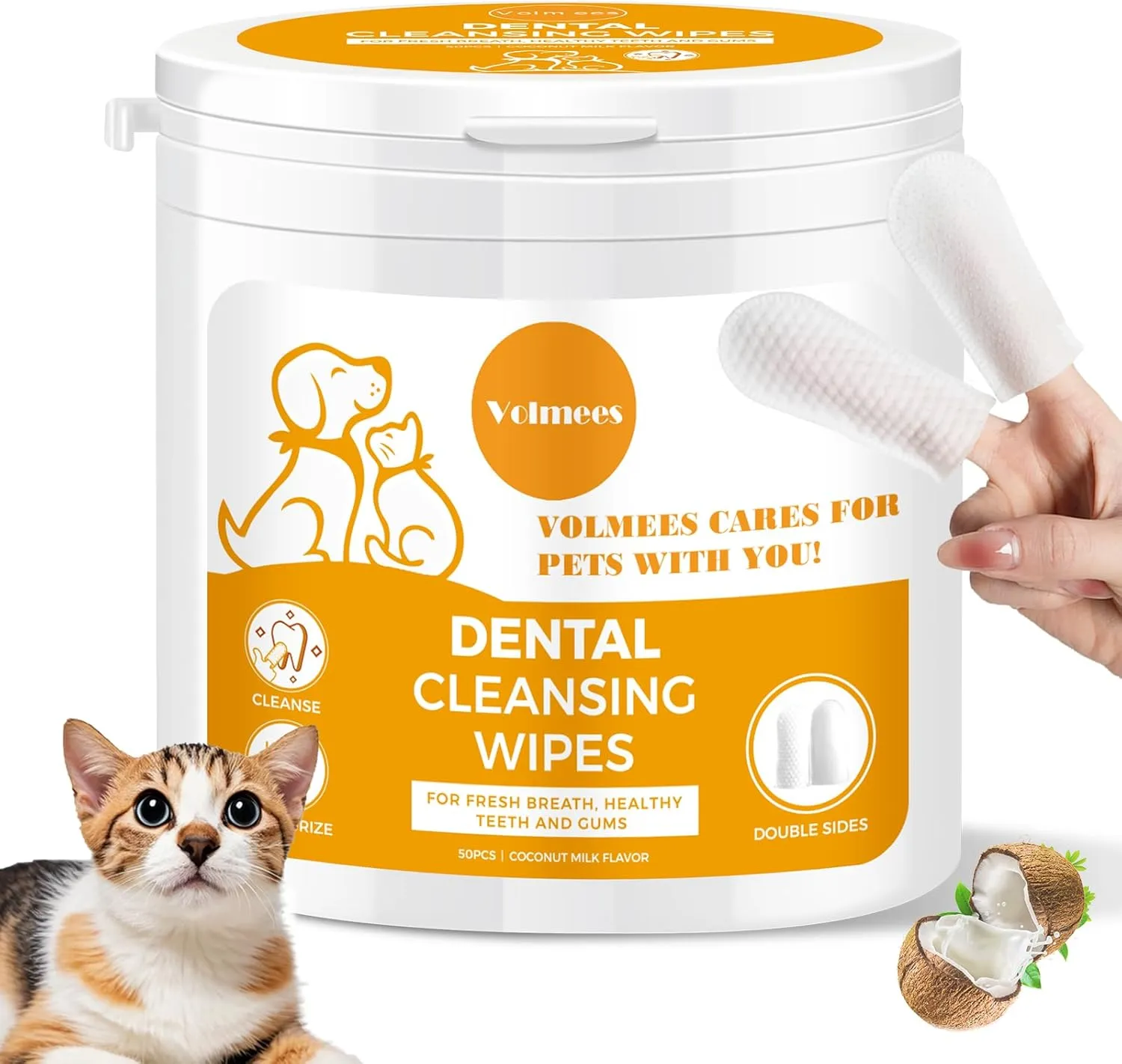 Dog Dental Wipes, Pet Dental Finger Wipes for Dogs & Cats, Dog Teeth Cleaning Wipes, Reduce Plaque & Tartar Buildup, Fresh Breath, Protect Gums, Dog Ear Cleaner Wipes Remove Wax, Coconut Scent, 50Pcs