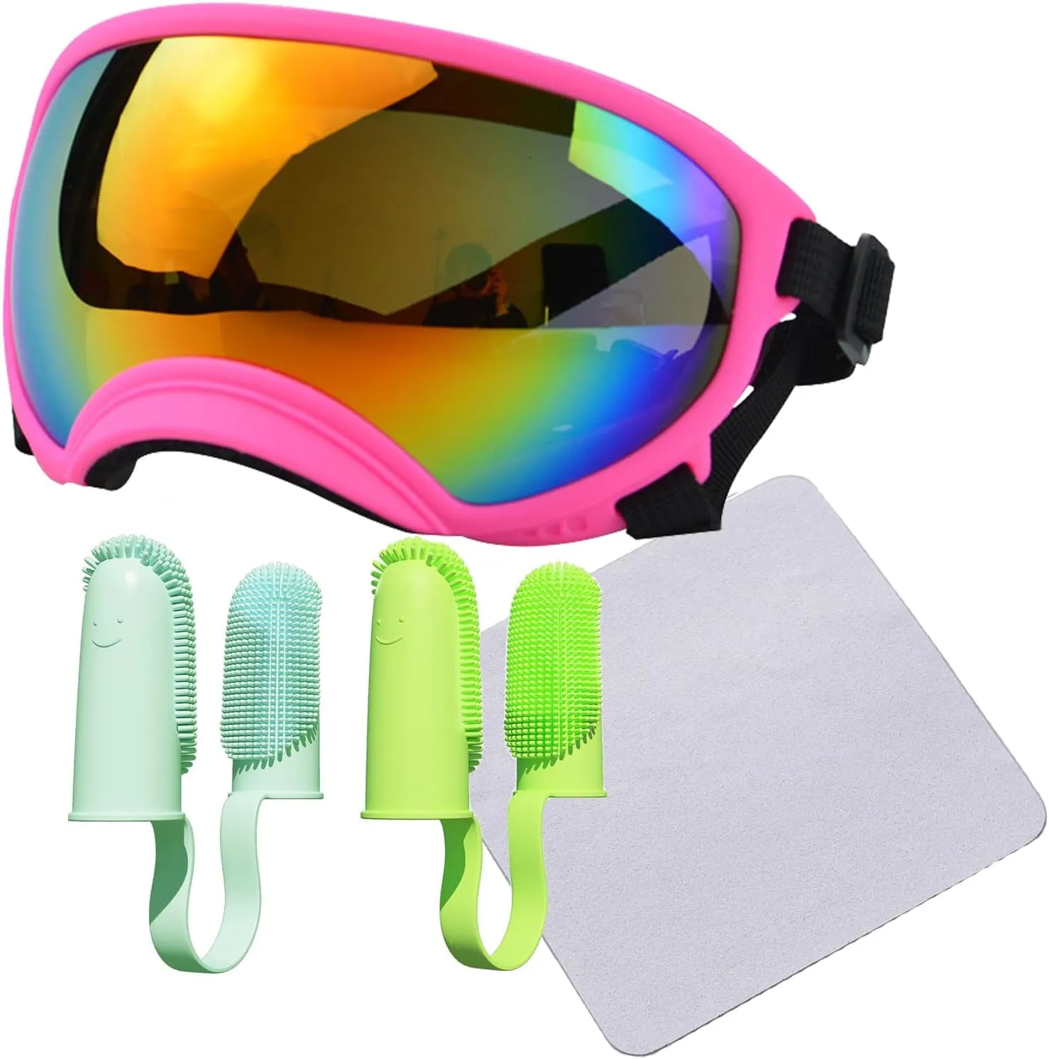 Dog Goggles with Adjustable Strap UV Protection Winproof Pet Sunglasses, for Medium,Large Dog Pet Sunglass, Sets Include Eyeglass Clean Cloth and 2 Packs Pet Toothbrushes Pink Frame Red Lens