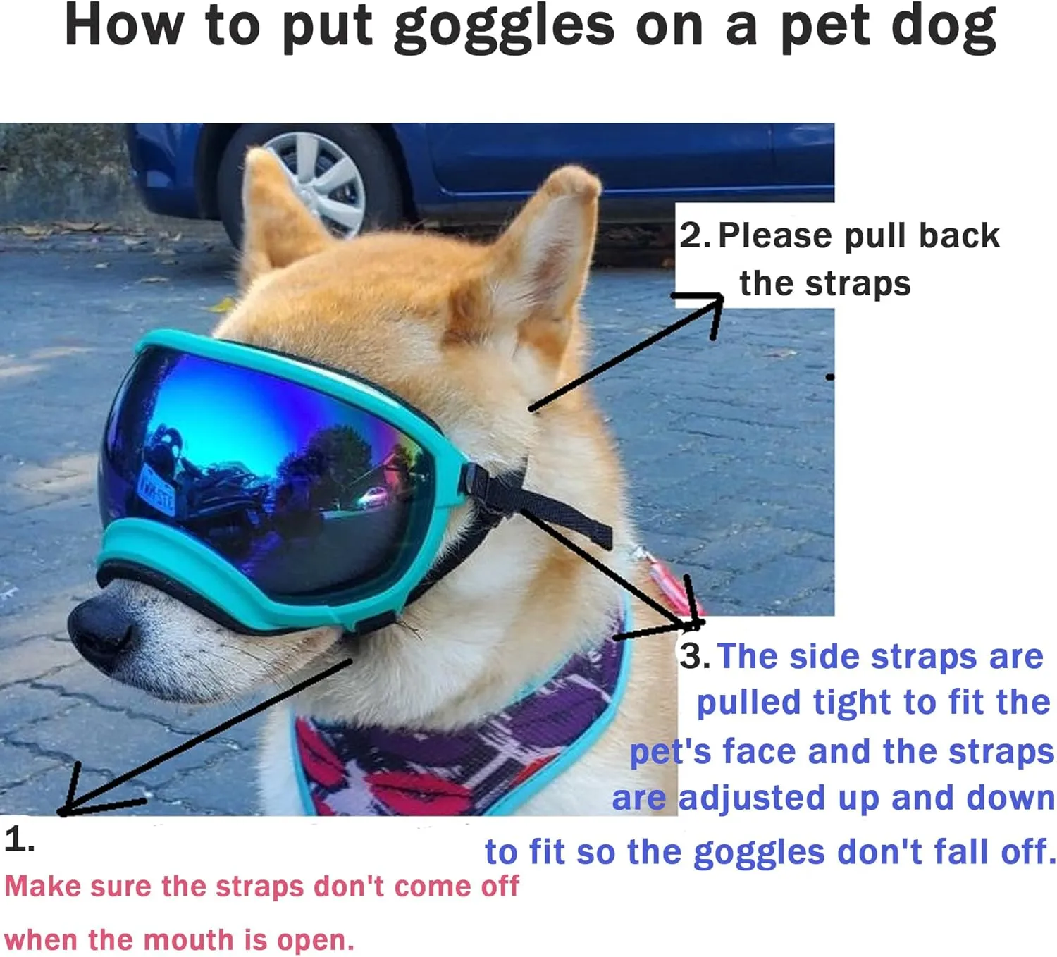 Dog Goggles with Adjustable Strap UV Protection Winproof Pet Sunglasses, for Medium,Large Dog Pet Sunglass, Sets Include Eyeglass Clean Cloth and 2 Packs Pet Toothbrushes Pink Frame Red Lens