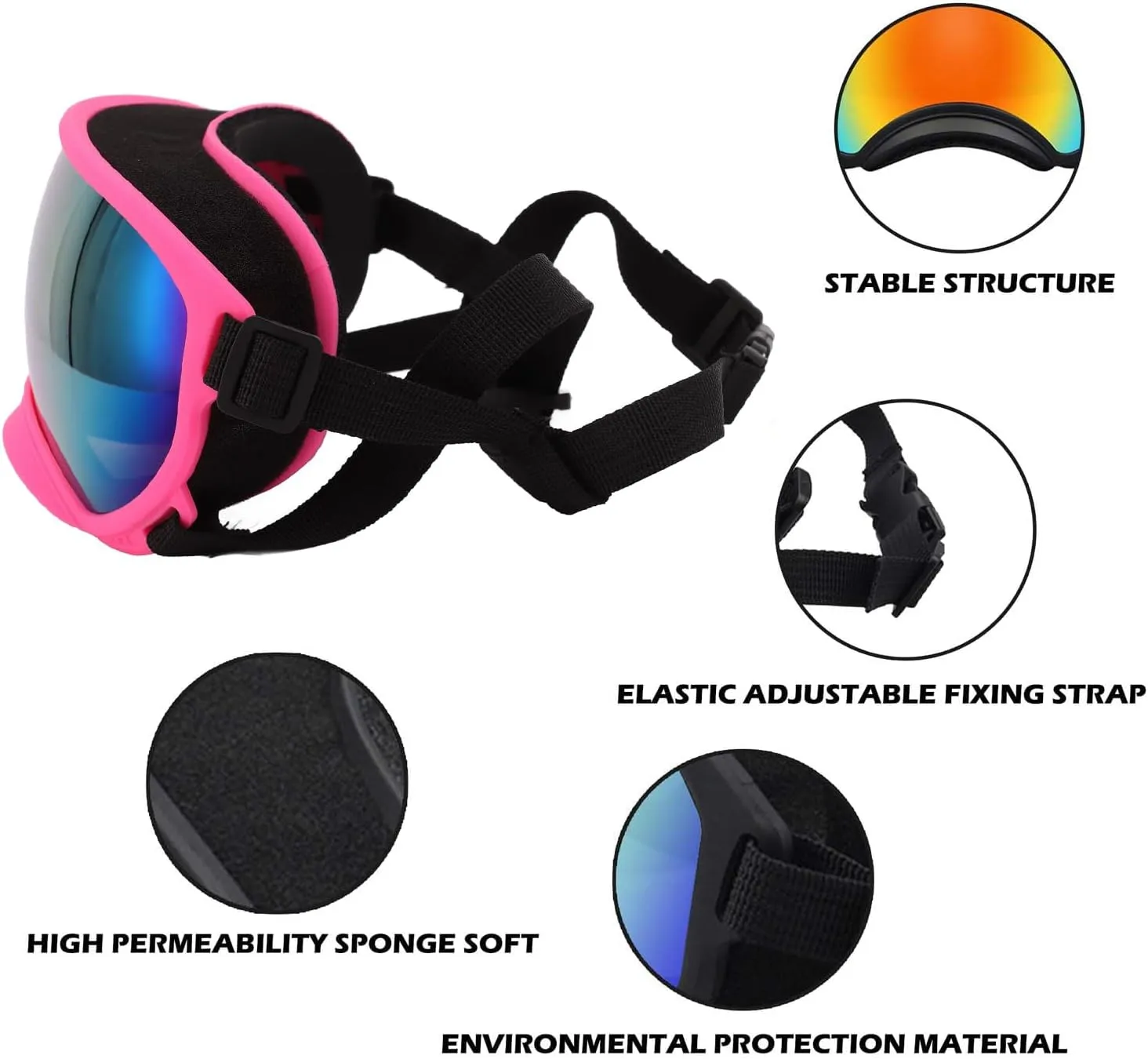 Dog Goggles with Adjustable Strap UV Protection Winproof Pet Sunglasses, for Medium,Large Dog Pet Sunglass, Sets Include Eyeglass Clean Cloth and 2 Packs Pet Toothbrushes Pink Frame Red Lens
