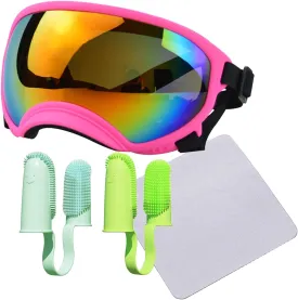Dog Goggles with Adjustable Strap UV Protection Winproof Pet Sunglasses, for Medium,Large Dog Pet Sunglass, Sets Include Eyeglass Clean Cloth and 2 Packs Pet Toothbrushes Pink Frame Red Lens