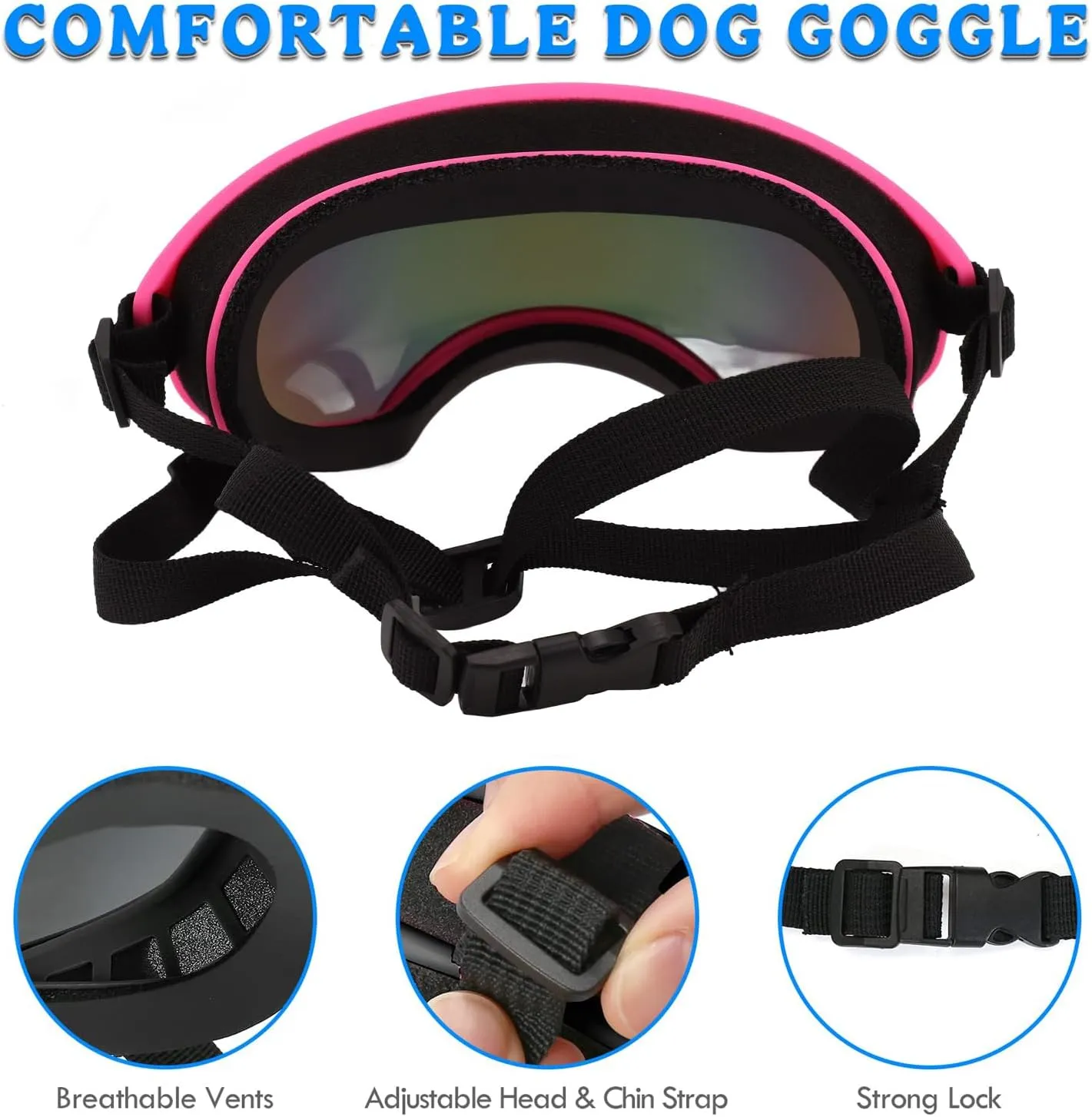 Dog Goggles with Adjustable Strap UV Protection Winproof Pet Sunglasses, for Medium,Large Dog Pet Sunglass, Sets Include Eyeglass Clean Cloth and 2 Packs Pet Toothbrushes Pink Frame Red Lens