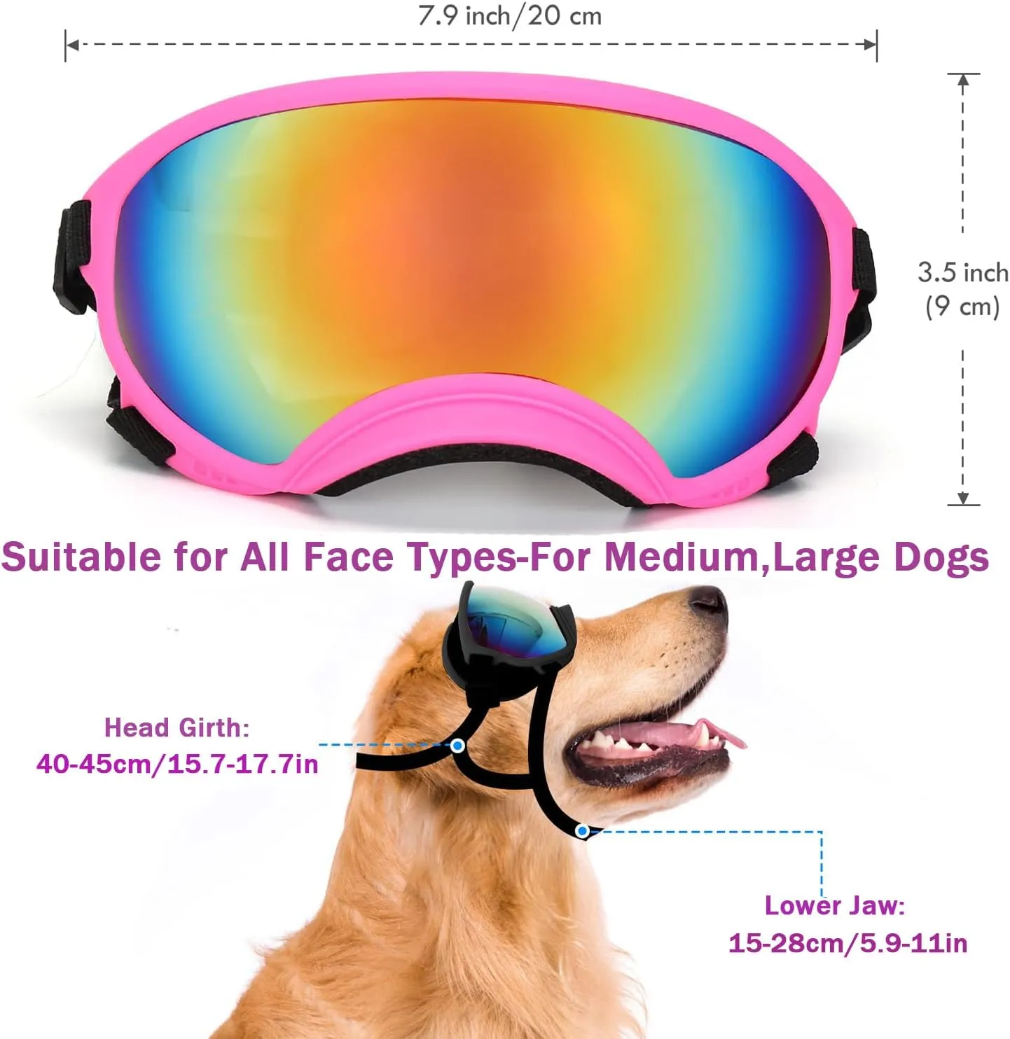Dog Goggles with Adjustable Strap UV Protection Winproof Pet Sunglasses, for Medium,Large Dog Pet Sunglass, Sets Include Eyeglass Clean Cloth and 2 Packs Pet Toothbrushes Pink Frame Red Lens