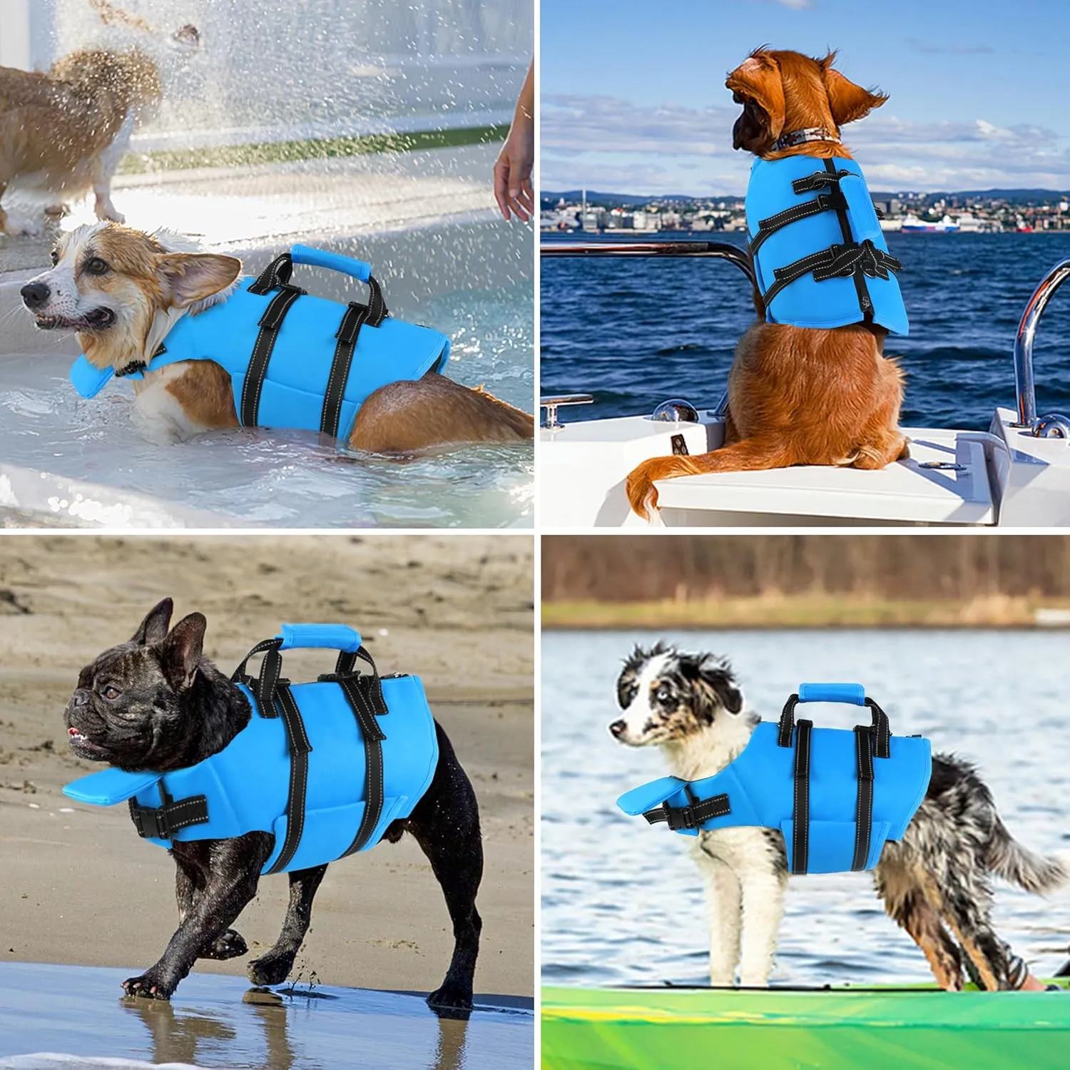Dog Life Jacket with 4ft Leash, Reflective Pet Life Vest with Zipper and Handle for Swimming Boating, Adjustable High Buoyancy Floatation Swim Vest for Small Medium Large Dogs - Blue, S