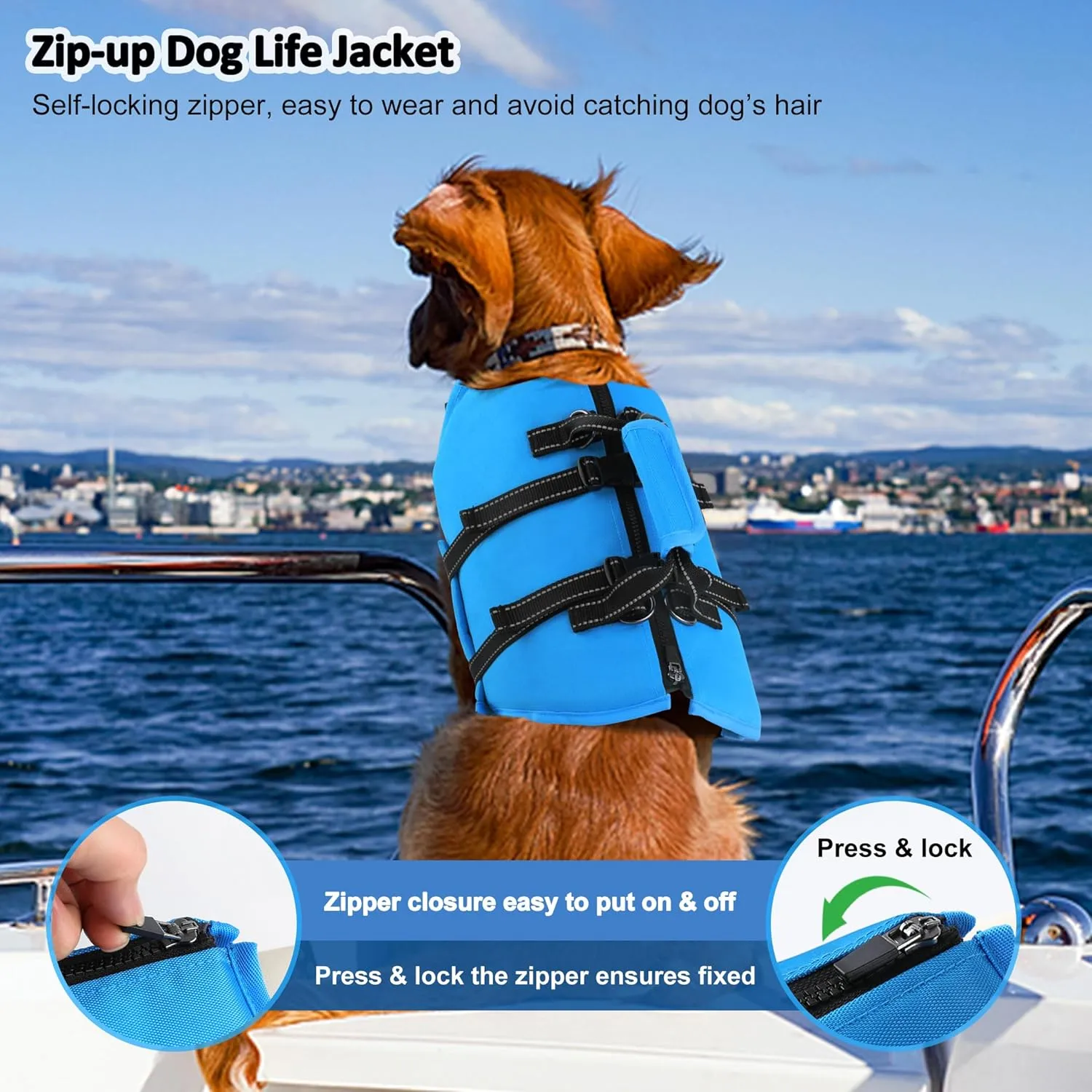 Dog Life Jacket with 4ft Leash, Reflective Pet Life Vest with Zipper and Handle for Swimming Boating, Adjustable High Buoyancy Floatation Swim Vest for Small Medium Large Dogs - Blue, S