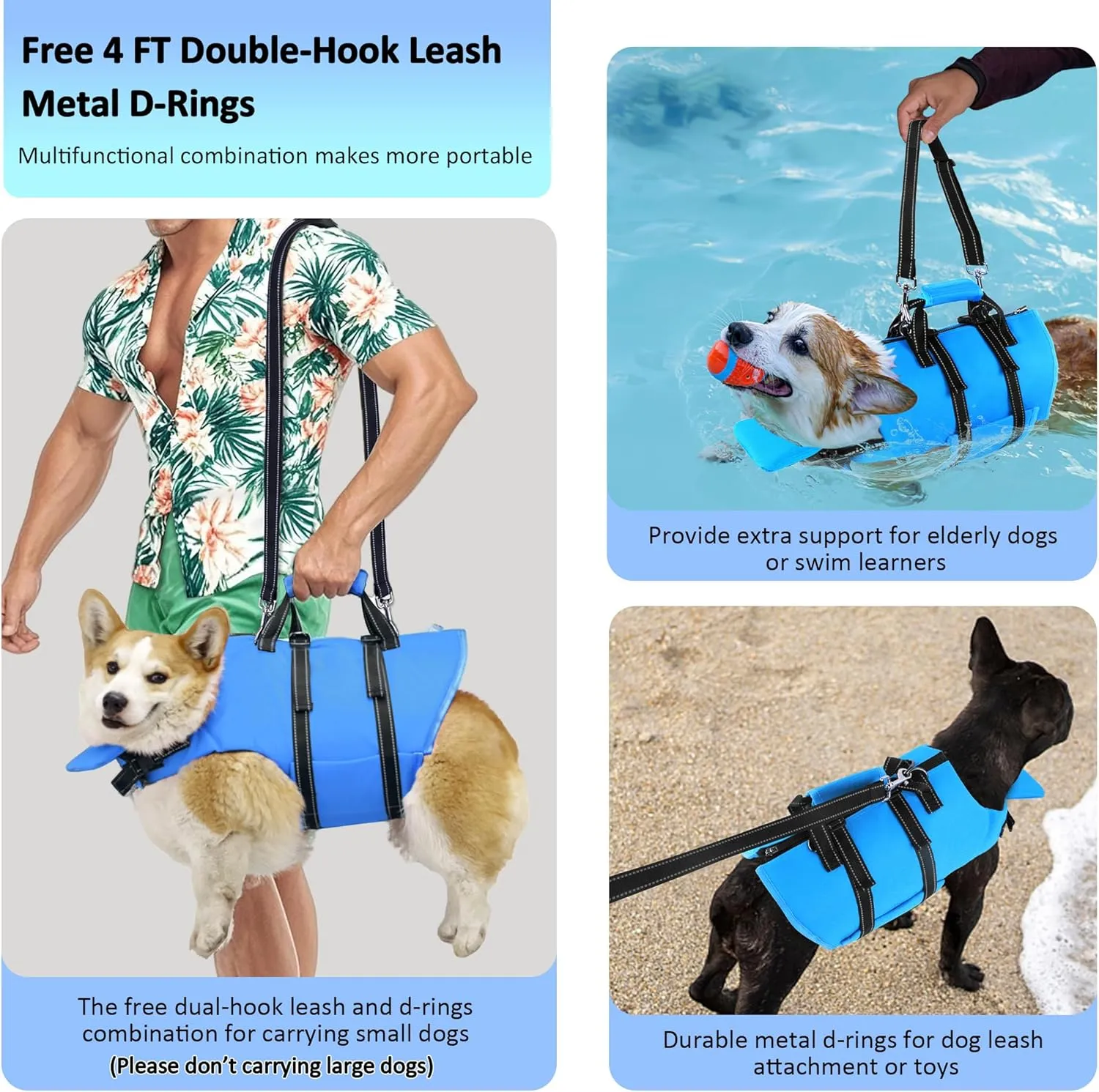 Dog Life Jacket with 4ft Leash, Reflective Pet Life Vest with Zipper and Handle for Swimming Boating, Adjustable High Buoyancy Floatation Swim Vest for Small Medium Large Dogs - Blue, S