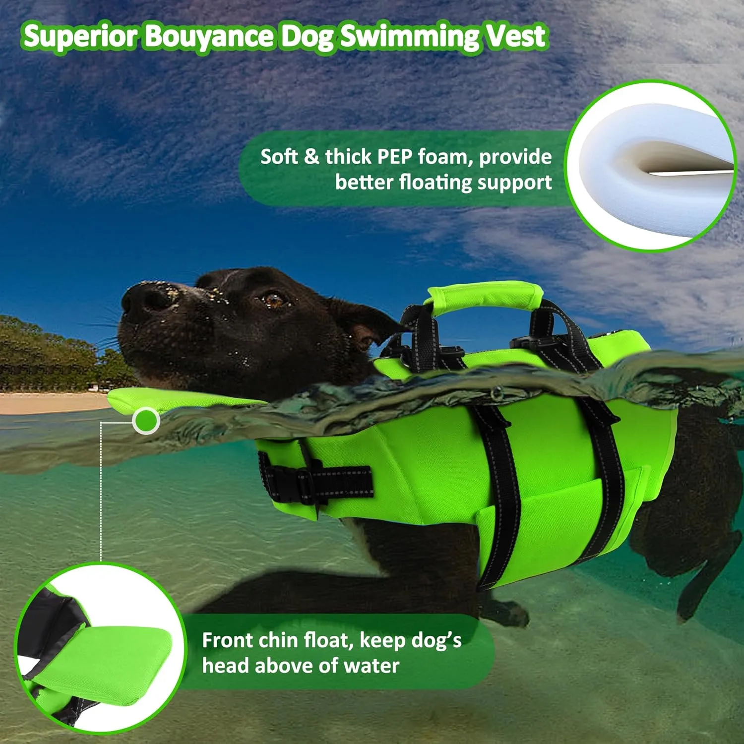 Dog Life Jacket with 4ft Leash, Reflective Pet Life Vest with Zipper and Handle for Swimming Boating, Adjustable High Buoyancy Floatation Swim Vest for Small Medium Large Dogs - Green, S