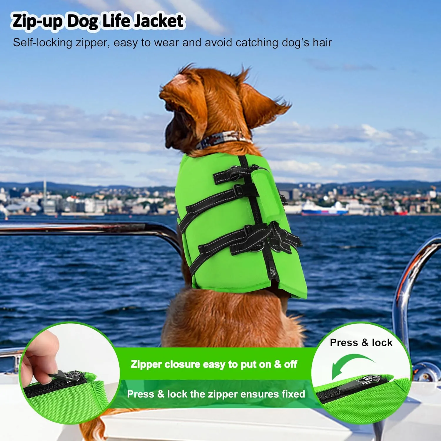 Dog Life Jacket with 4ft Leash, Reflective Pet Life Vest with Zipper and Handle for Swimming Boating, Adjustable High Buoyancy Floatation Swim Vest for Small Medium Large Dogs - Green, S
