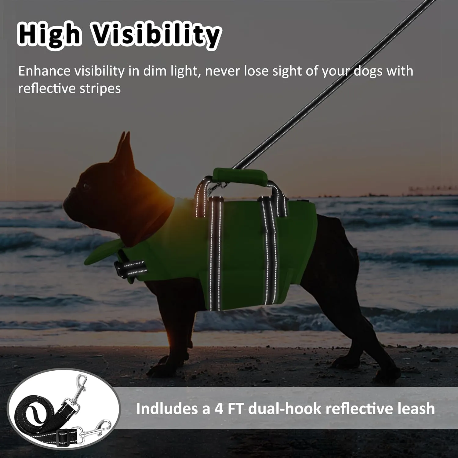 Dog Life Jacket with 4ft Leash, Reflective Pet Life Vest with Zipper and Handle for Swimming Boating, Adjustable High Buoyancy Floatation Swim Vest for Small Medium Large Dogs - Green, S