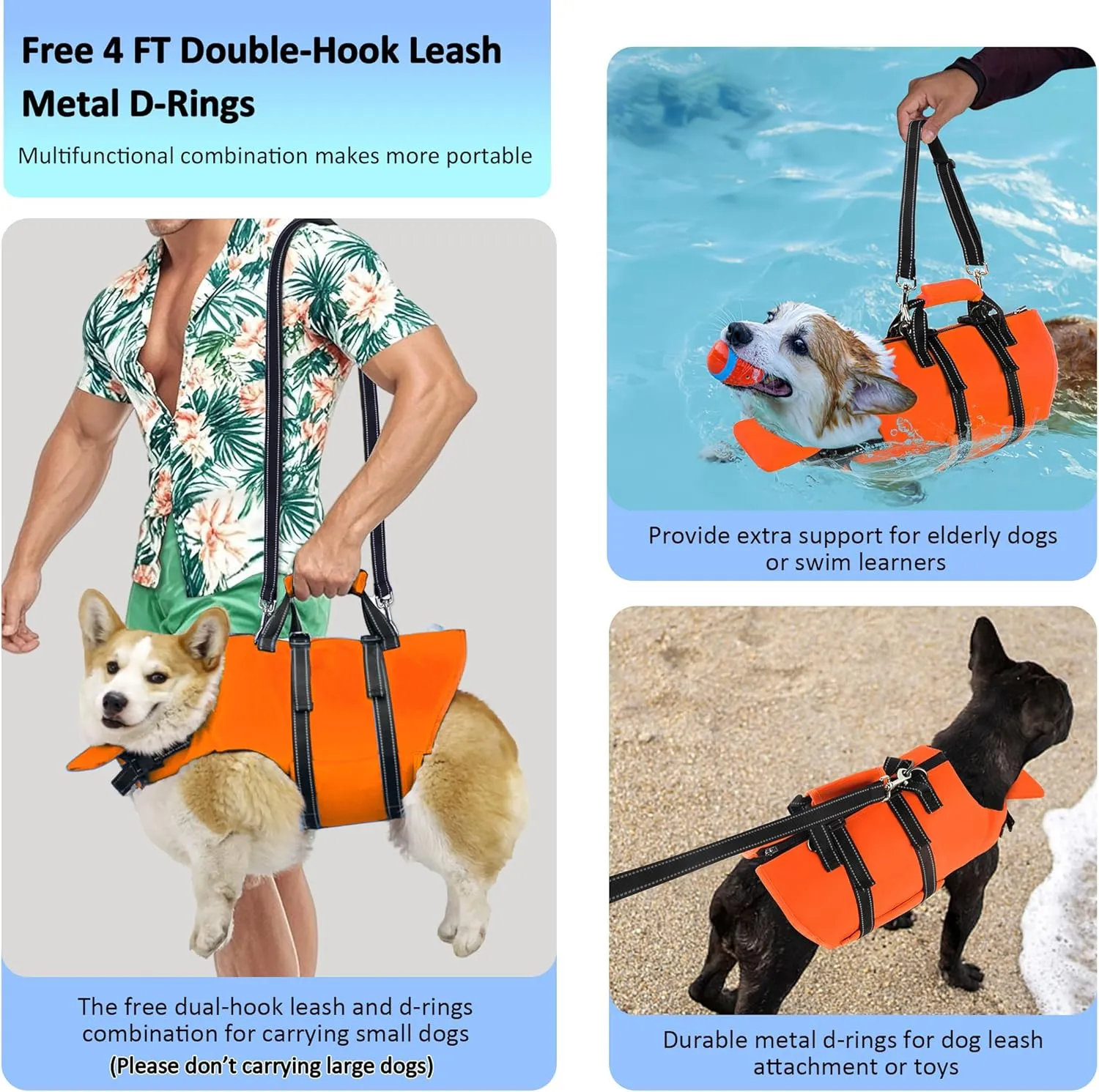 Dog Life Jacket with 4ft Leash, Reflective Pet Life Vest with Zipper and Handle for Swimming Boating, Adjustable High Buoyancy Floatation Swim Vest for Small Medium Large Dogs - Orange, S