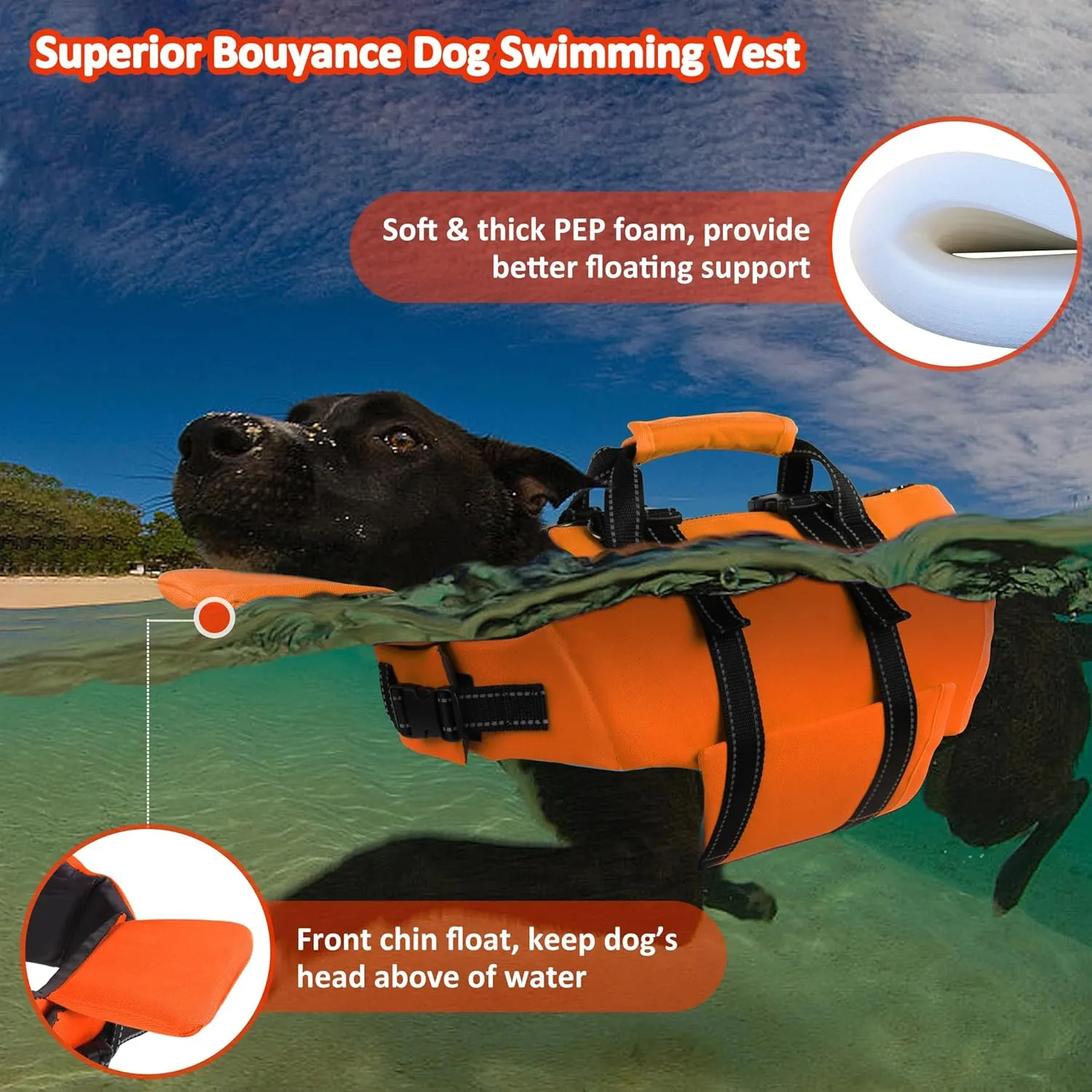 Dog Life Jacket with 4ft Leash, Reflective Pet Life Vest with Zipper and Handle for Swimming Boating, Adjustable High Buoyancy Floatation Swim Vest for Small Medium Large Dogs - Orange, S