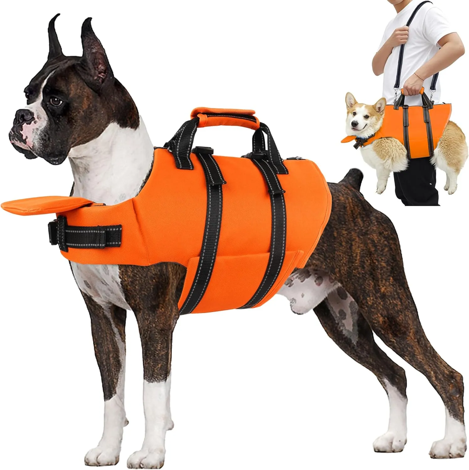 Dog Life Jacket with 4ft Leash, Reflective Pet Life Vest with Zipper and Handle for Swimming Boating, Adjustable High Buoyancy Floatation Swim Vest for Small Medium Large Dogs - Orange, S