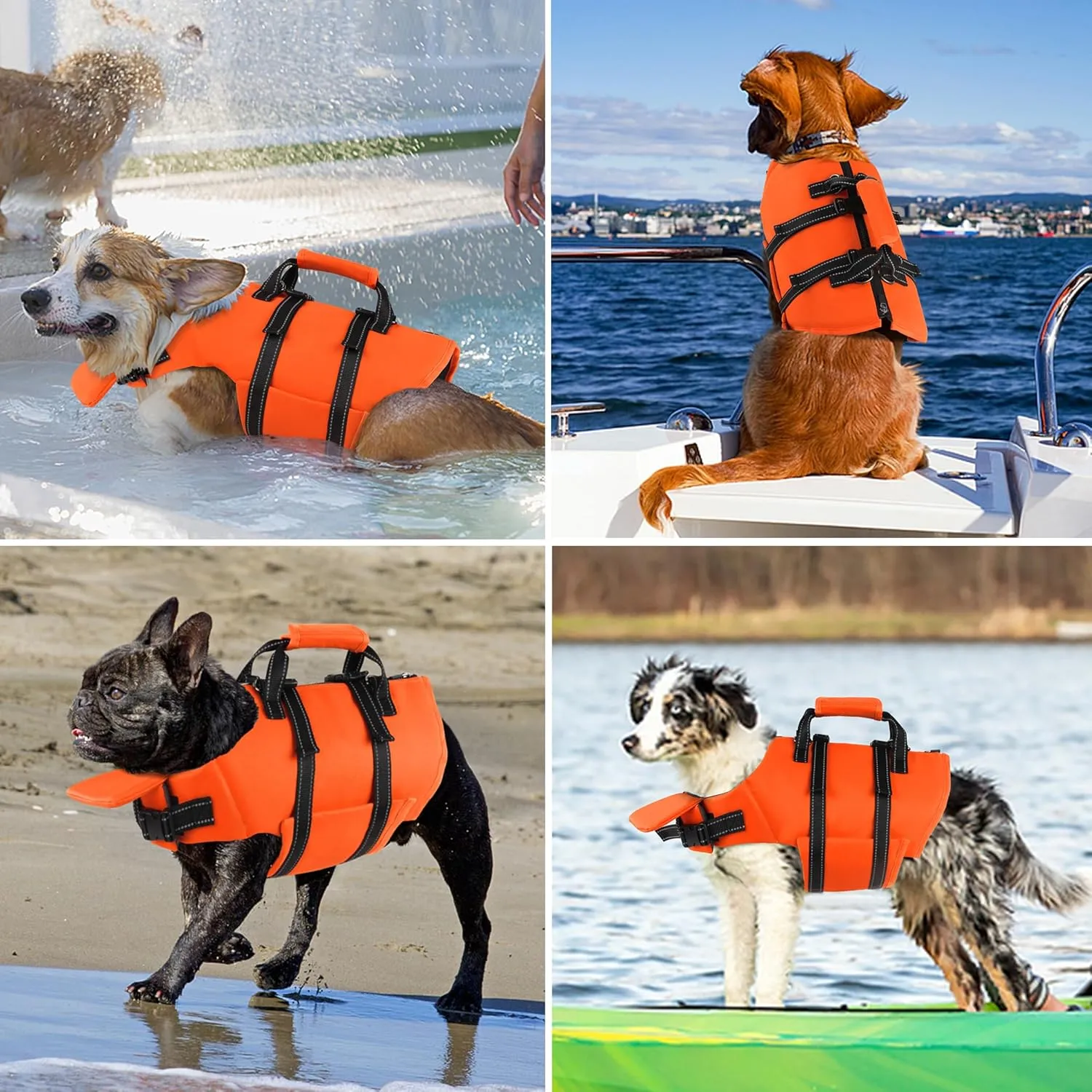 Dog Life Jacket with 4ft Leash, Reflective Pet Life Vest with Zipper and Handle for Swimming Boating, Adjustable High Buoyancy Floatation Swim Vest for Small Medium Large Dogs - Orange, S