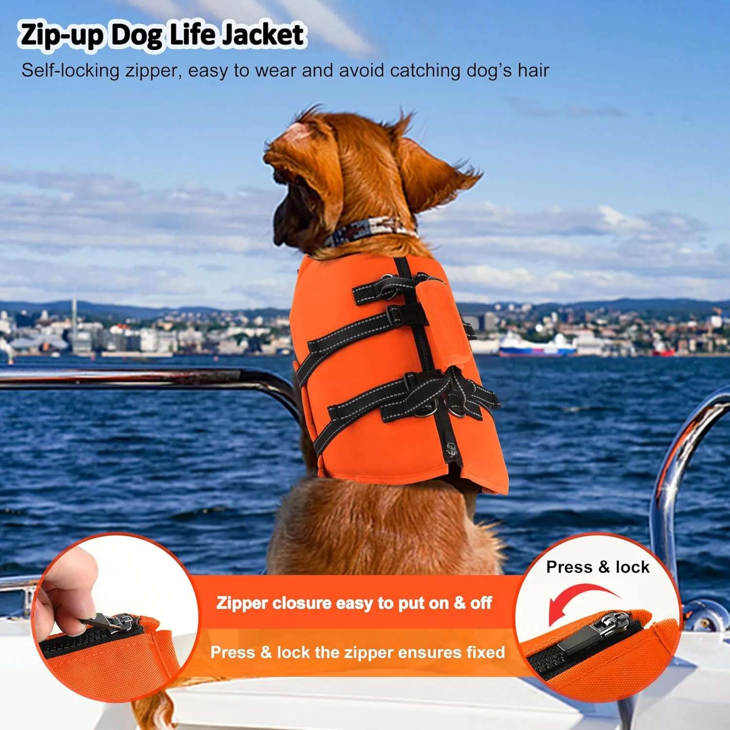 Dog Life Jacket with 4ft Leash, Reflective Pet Life Vest with Zipper and Handle for Swimming Boating, Adjustable High Buoyancy Floatation Swim Vest for Small Medium Large Dogs - Orange, S
