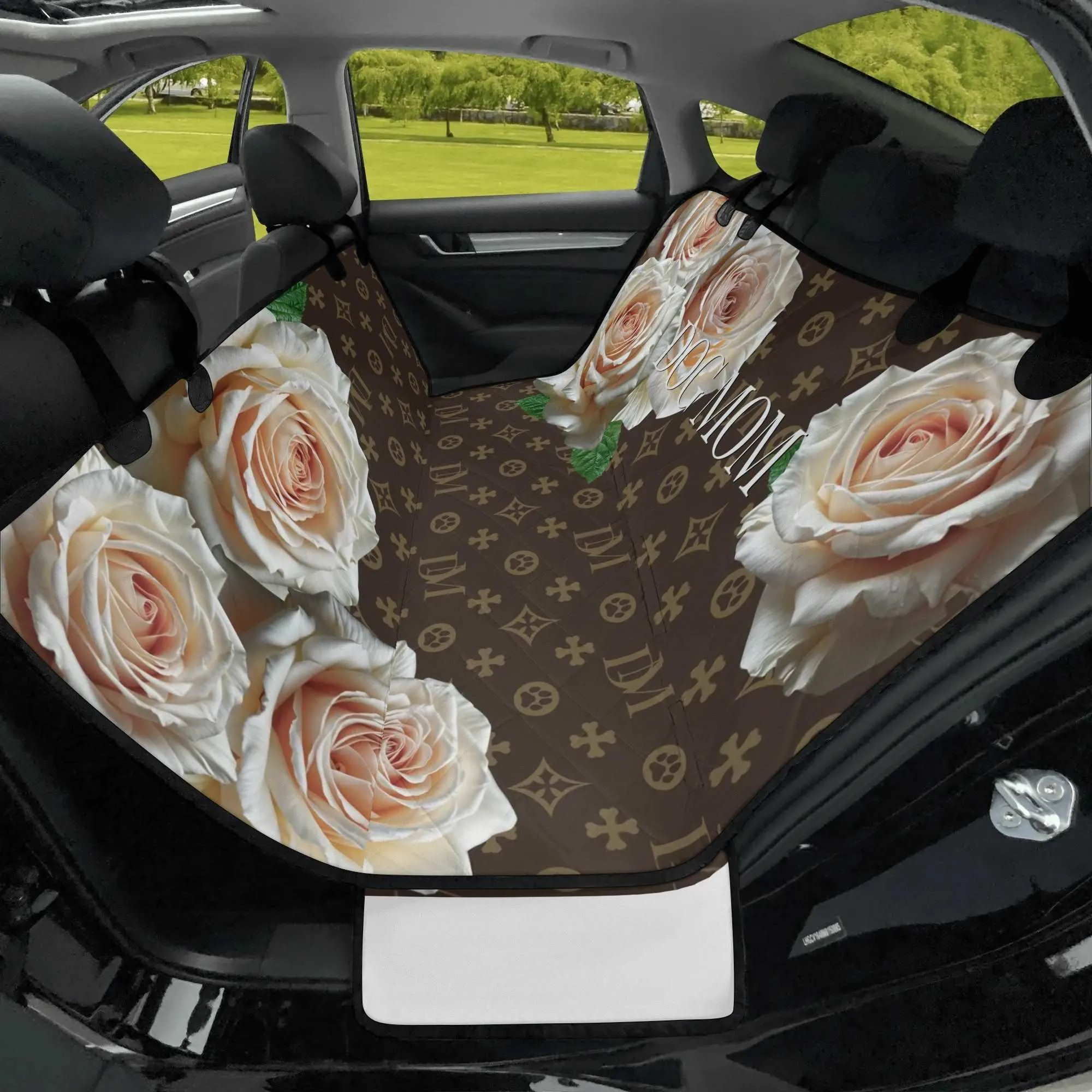 Dog Mom "DM" Signature Motif Champagne Rose Hammock Dog Car Seat Cover