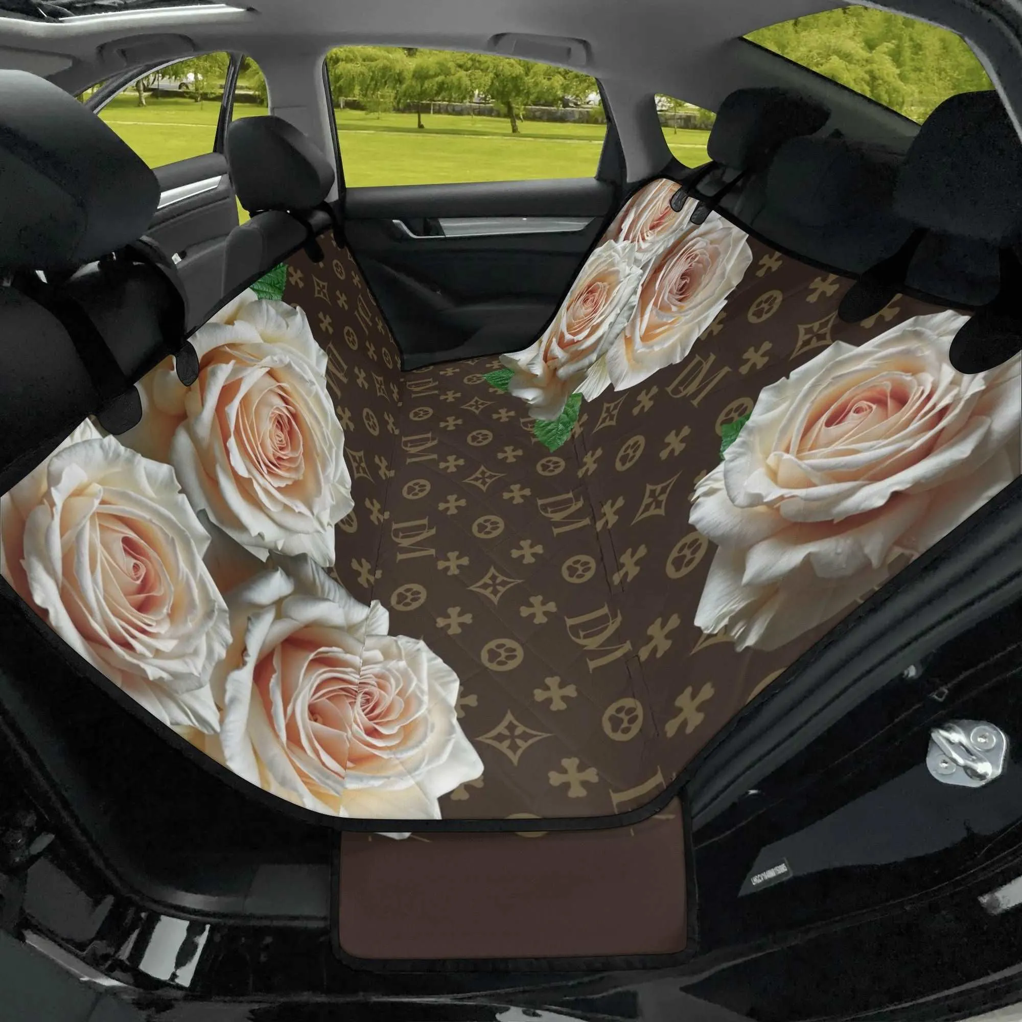 Dog Mom "DM" Signature Motif Champagne Rose Hammock Dog Car Seat Cover