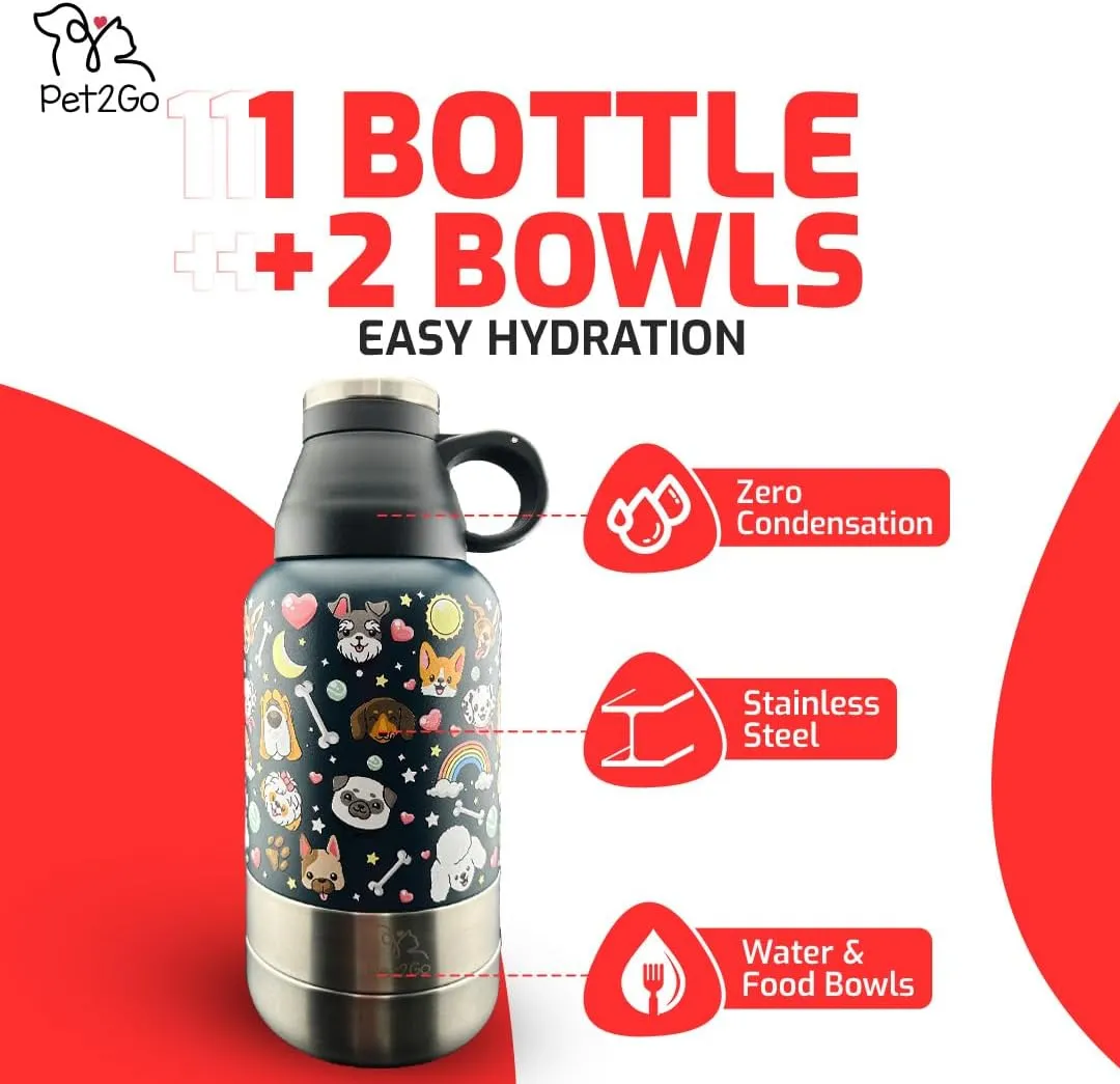 Dog Travel Water Bottle 32 oz. with Treat Holder & Detachable Bowls | Insulated, Portable Stainless Steel Dispenser for Pets | Walking & Outdoor Gear (Grey)
