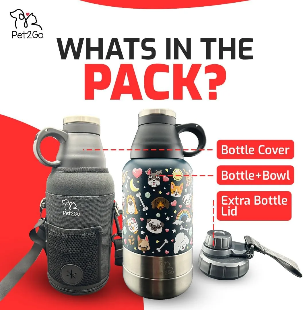 Dog Travel Water Bottle 32 oz. with Treat Holder & Detachable Bowls | Insulated, Portable Stainless Steel Dispenser for Pets | Walking & Outdoor Gear (Grey)