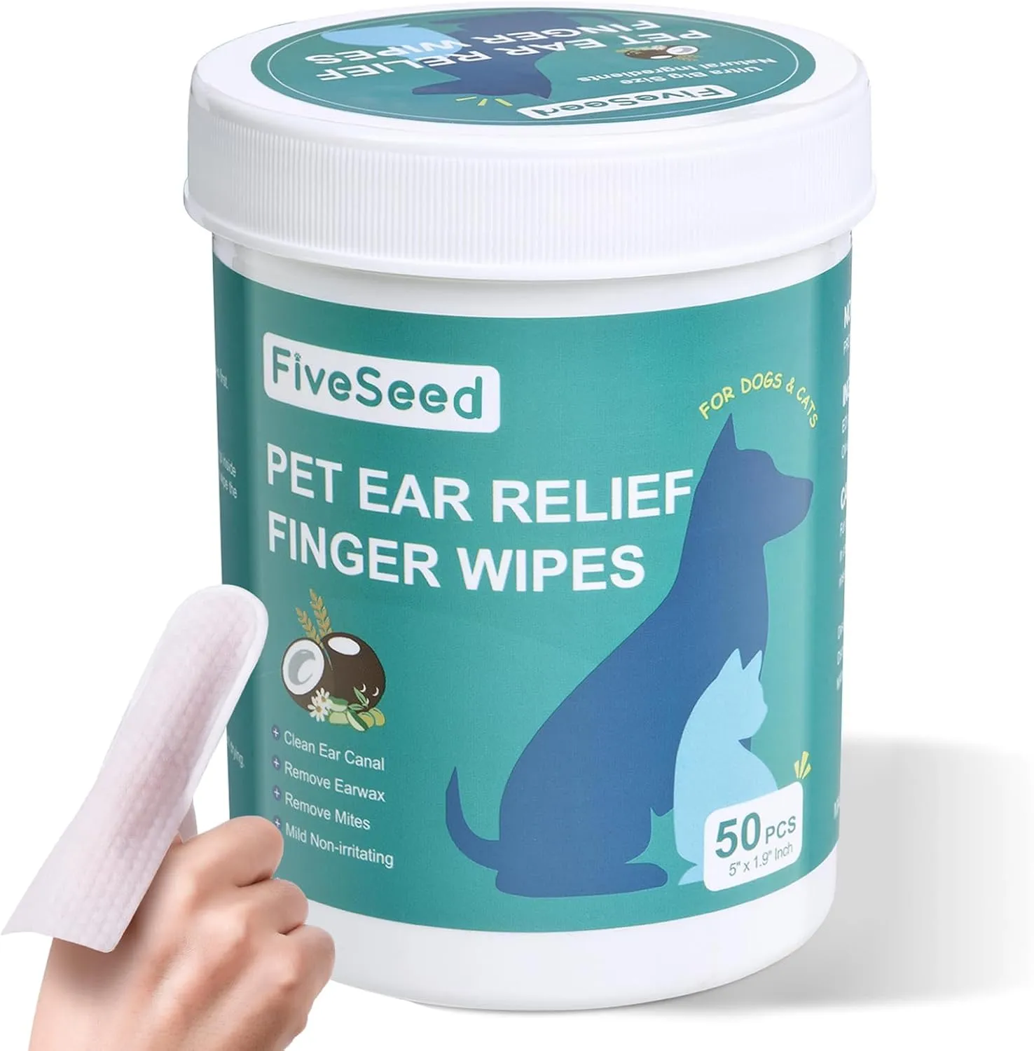 Ear Wipes for Dogs and Cats, Extra-Large Size Relief Finger Wipe Ear Cleaner to Stop Ear Itching and Infections, 50 Disposable Wipes