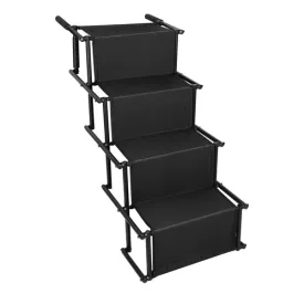 Foldable Dog Ramp 4 Step Collaspible Non Slip Stairs for Car Trucks SUV 176LBS Load Oxford Fabric Steel Ladders with Straps Tether Clip - Black