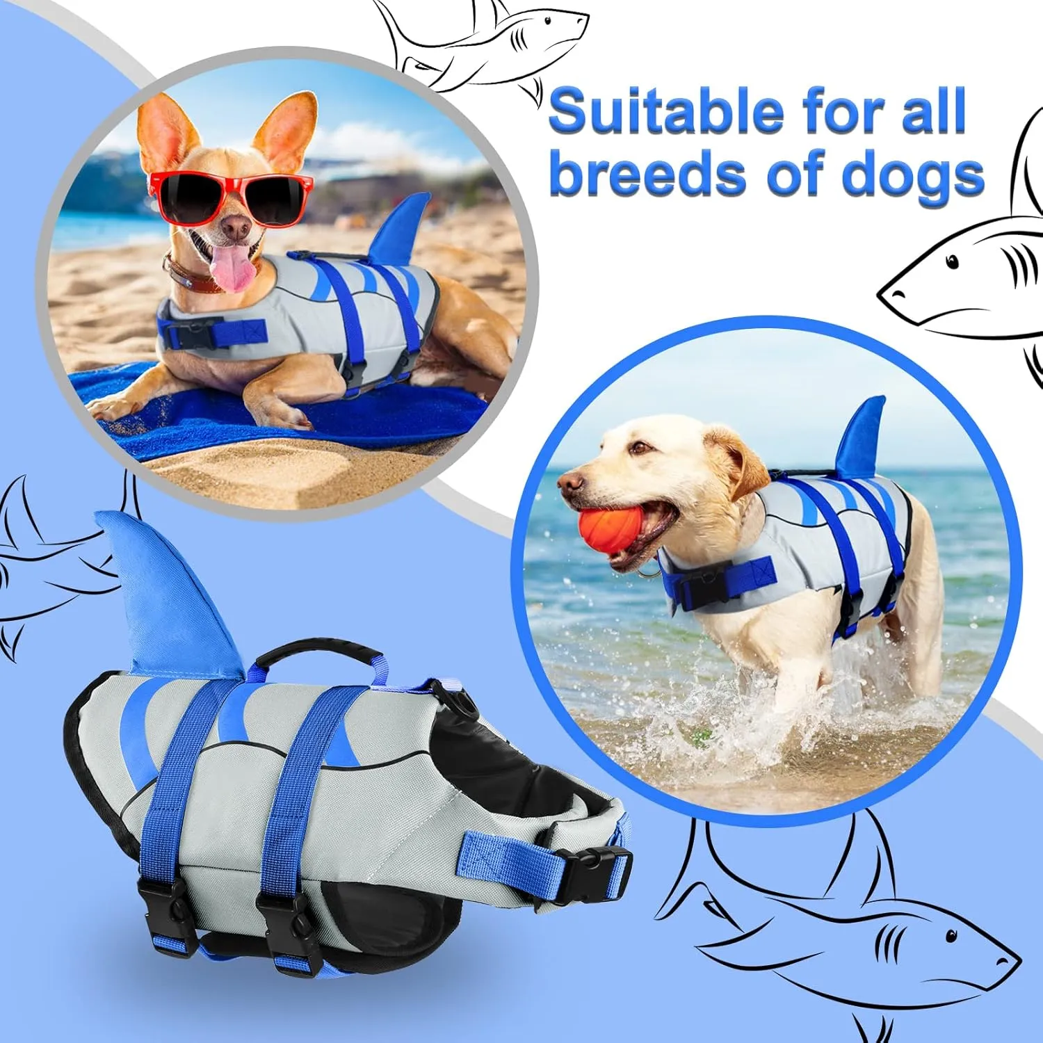 Fragralley Dog Life Jacket Shark, Dog Life Vest Adjustable Ripstop, Dog Swimming Safety Vest with Superior Buoyancy & Rescue Handle for Small Medium Large Dogs, Swim, Pool, Beach, Boating