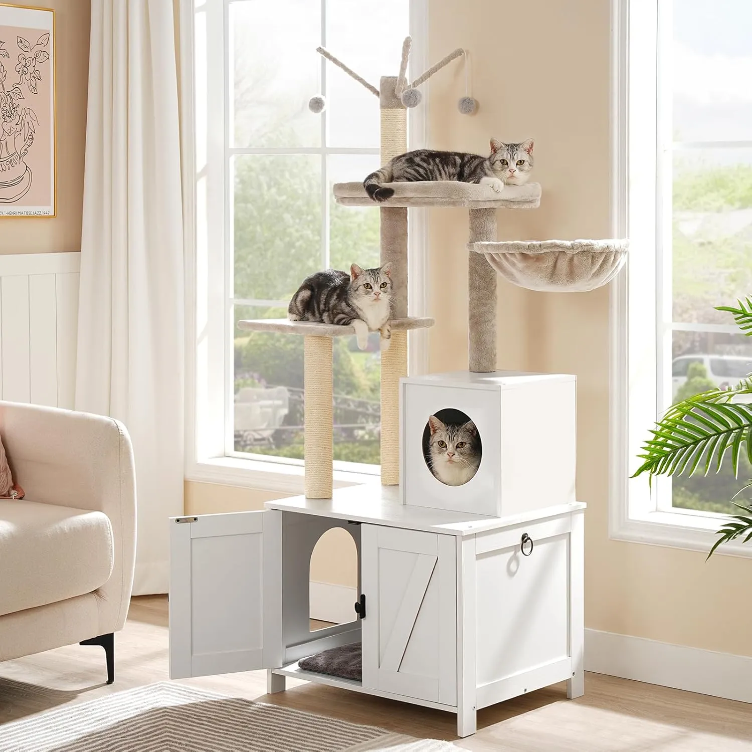 HOOBRO Cat Tree Tower with Litter Box Enclosure for Indoor, Wooden Cat Condo with Scratching Posts, Litter Box Furniture Hidden, All-in-One Cat House, White WT15MZ03