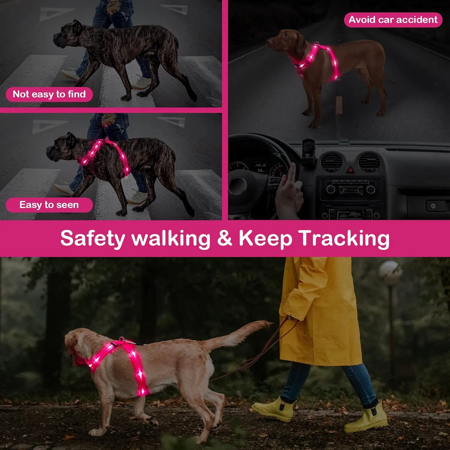 Light Up Dog Harness, LED Dog Vest Glow in The Dark, Reflective, Pink