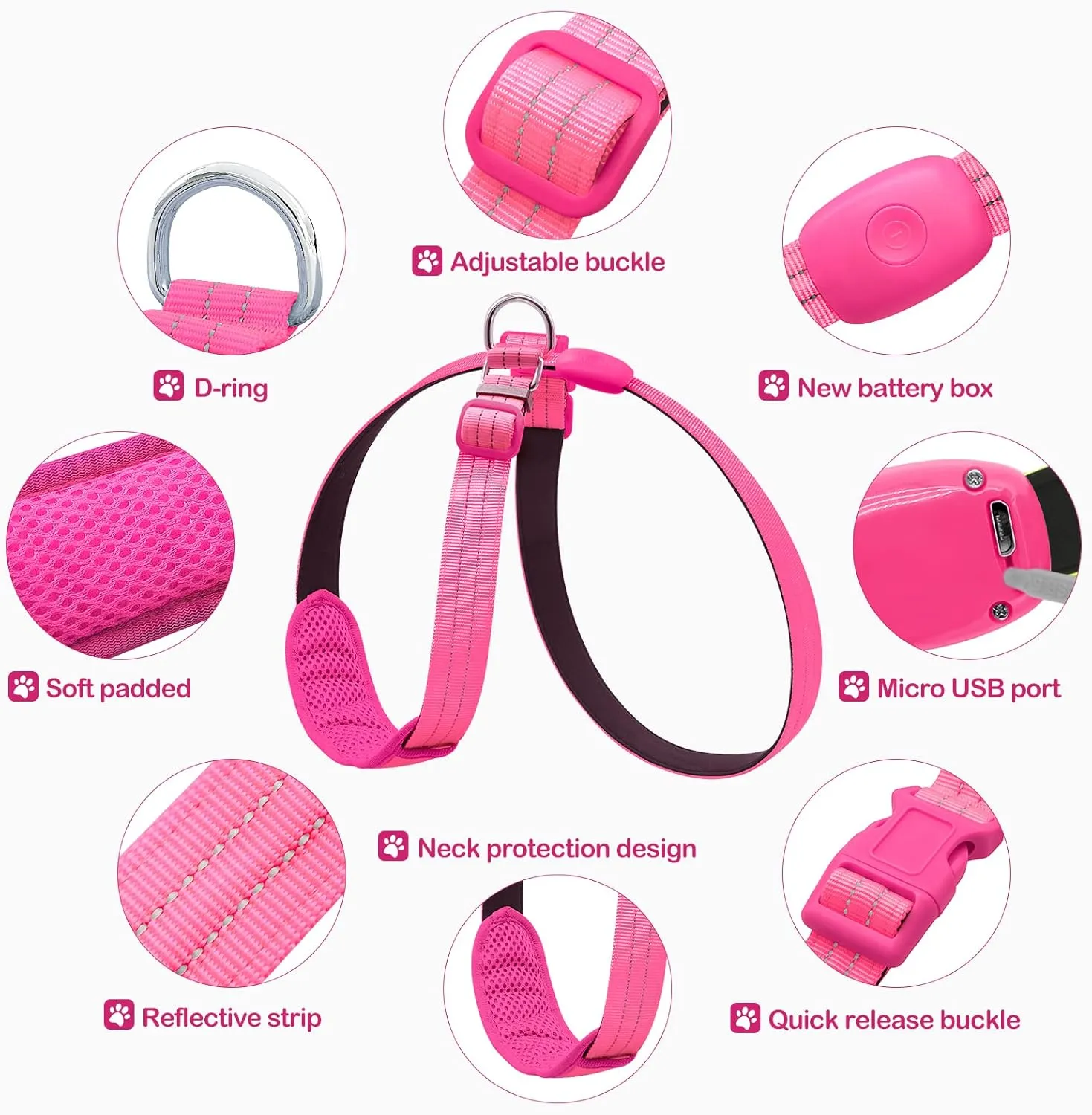 Light Up Dog Harness, LED Dog Vest Glow in The Dark, Reflective, Pink